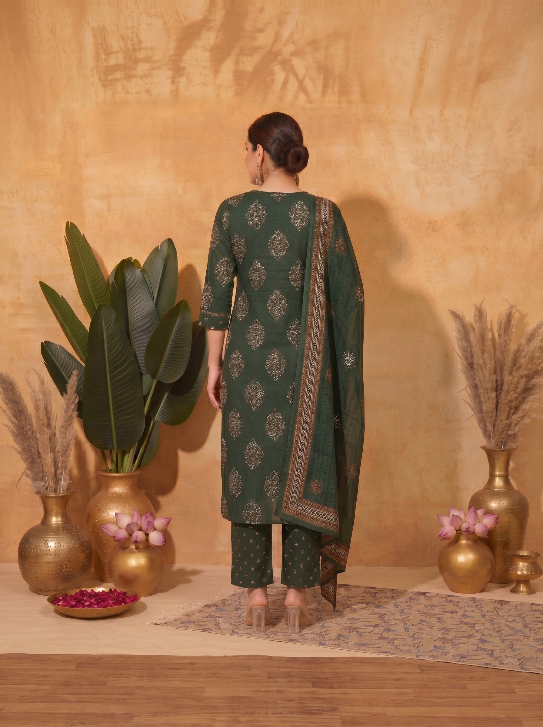 Ready-to-Wear Straight Doby Cotton Printed Kurta Suit Set with Hand Block Dupatta.(Green)