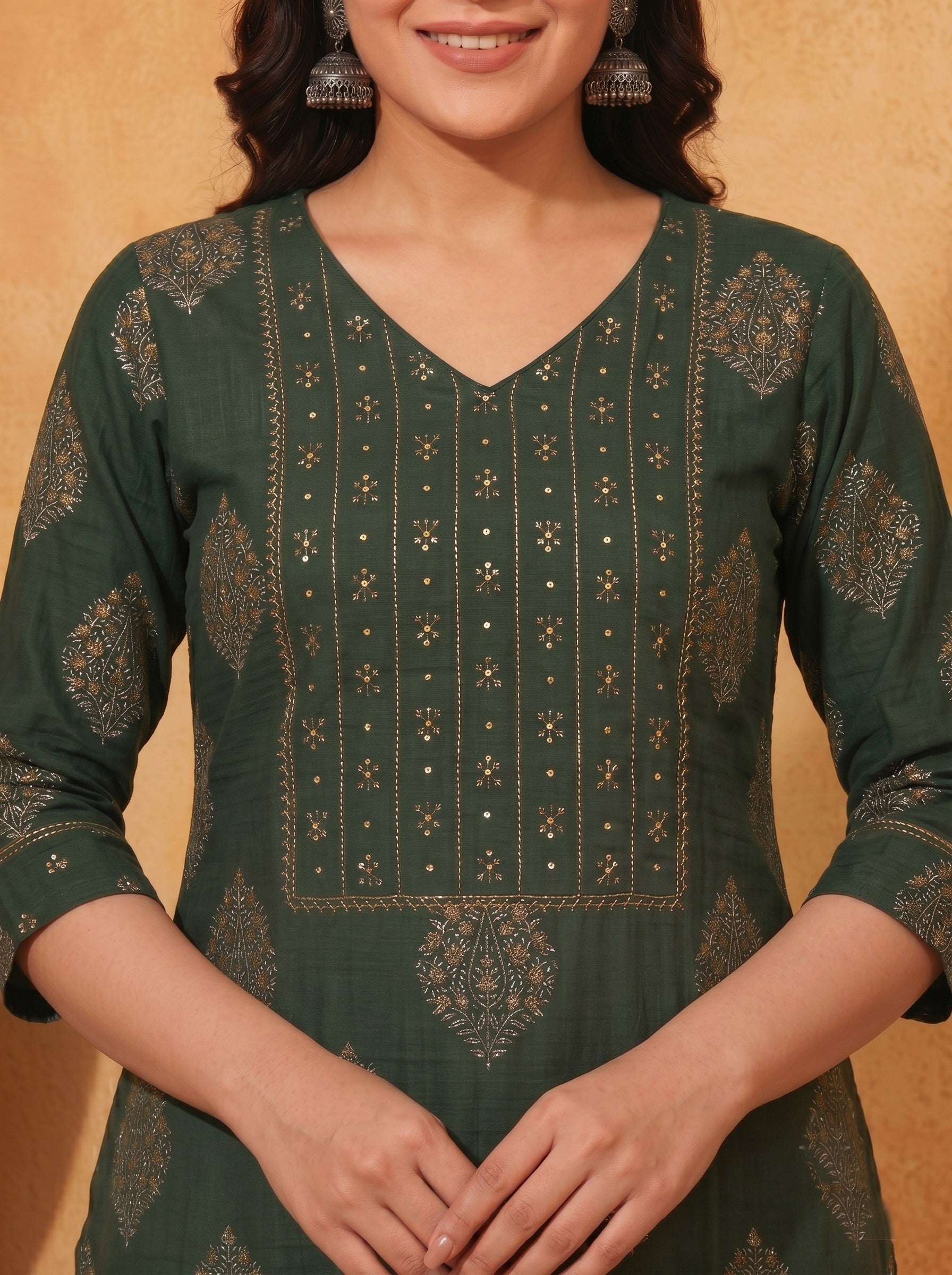 Ready-to-Wear Straight Doby Cotton Printed Kurta Suit Set with Hand Block Dupatta.(Green)