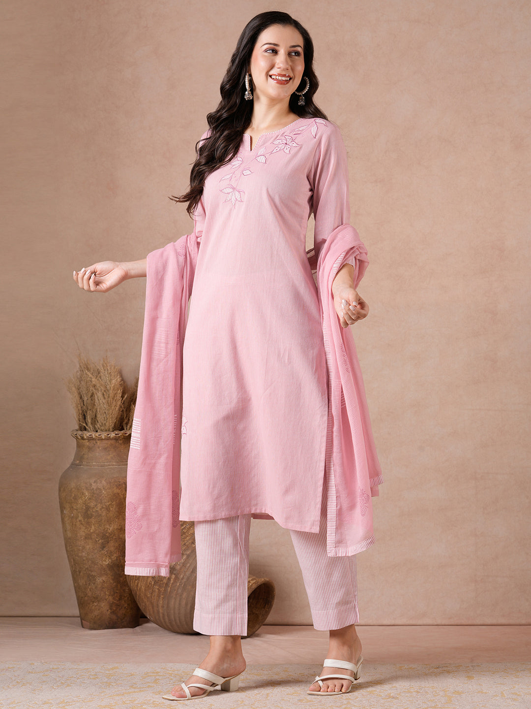 Straight Fit Chambray Cotton Suit Set with Patchwork, Striped Bottom & Kota Dupatta.
