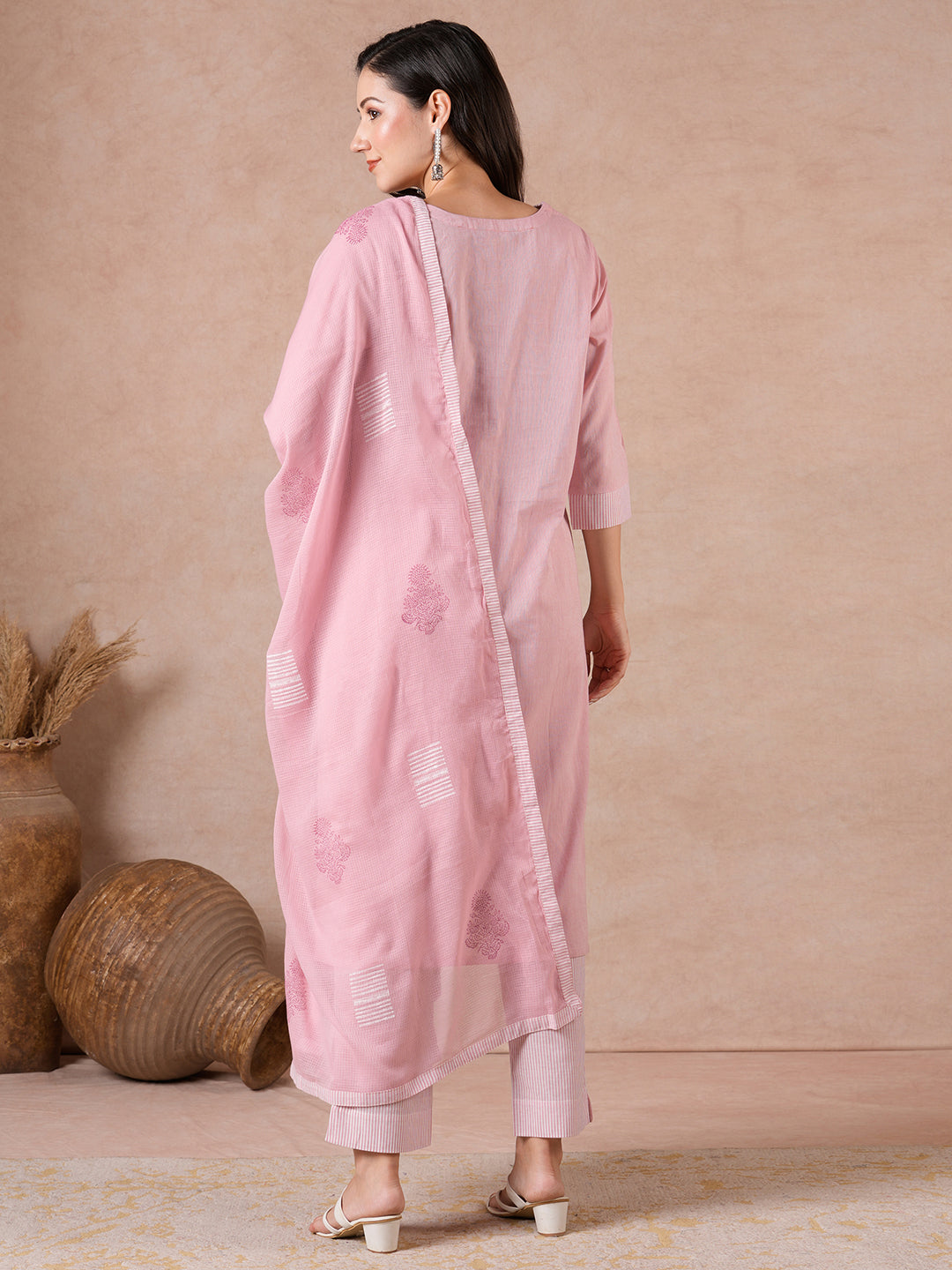 Straight Fit Chambray Cotton Suit Set with Patchwork, Striped Bottom & Kota Dupatta.