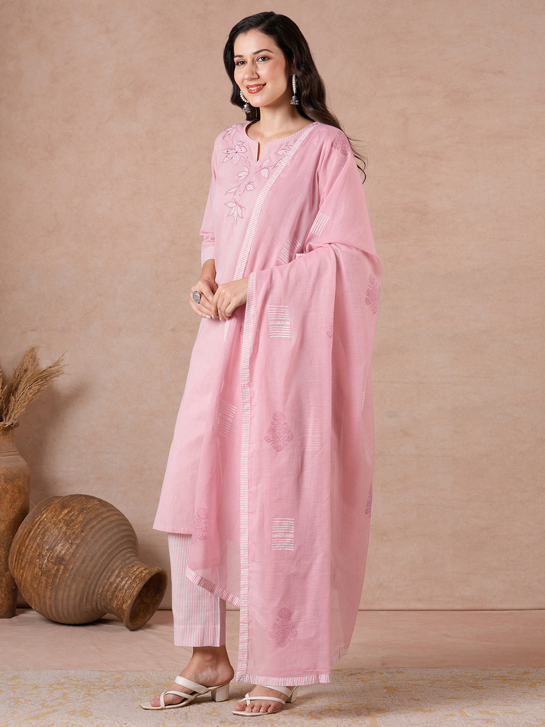 Straight Fit Chambray Cotton Suit Set with Patchwork, Striped Bottom & Kota Dupatta.