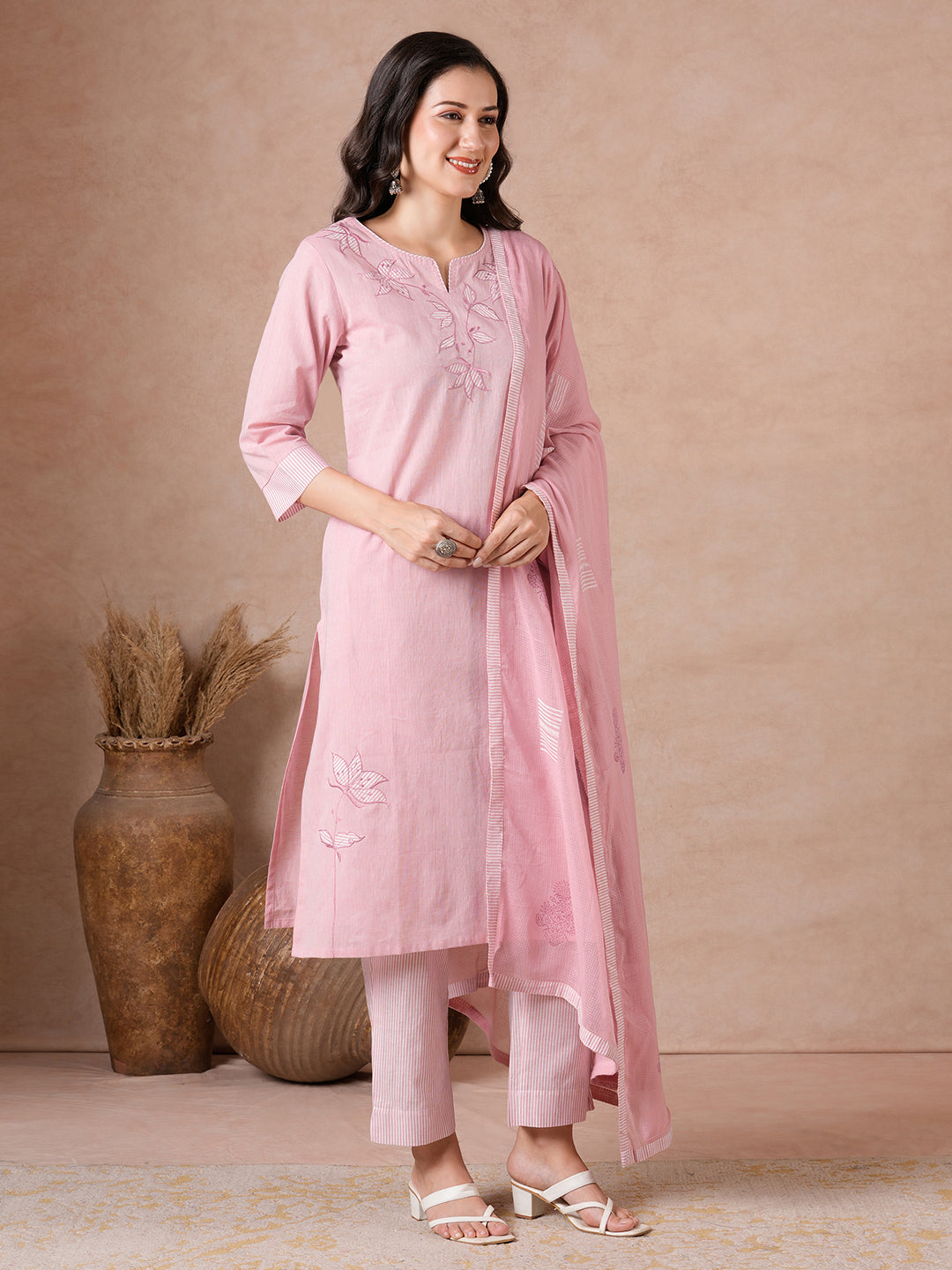 Straight Fit Chambray Cotton Suit Set with Patchwork, Striped Bottom & Kota Dupatta.