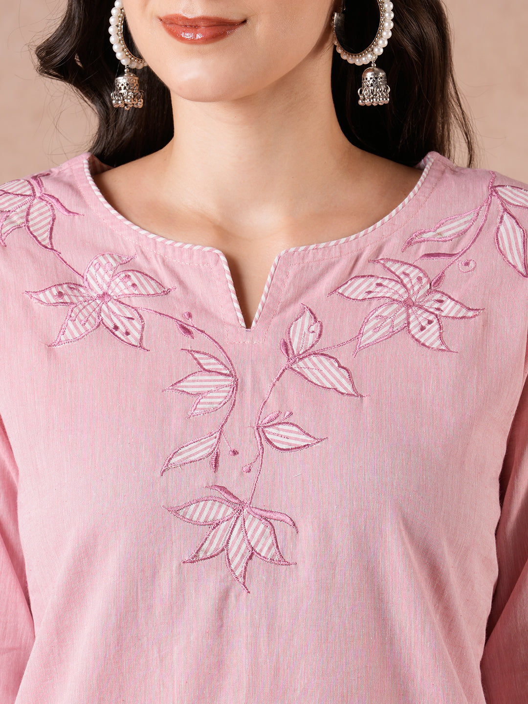 Straight Fit Chambray Cotton Suit Set with Patchwork, Striped Bottom & Kota Dupatta.