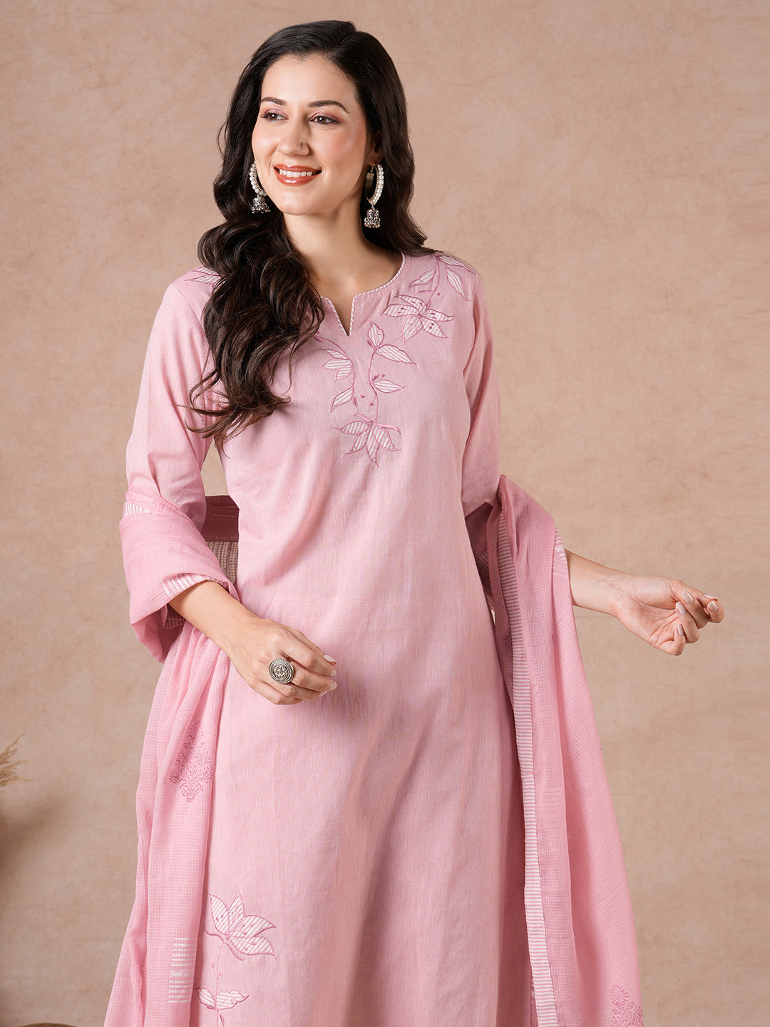 Straight Fit Chambray Cotton Suit Set with Patchwork, Striped Bottom & Kota Dupatta.