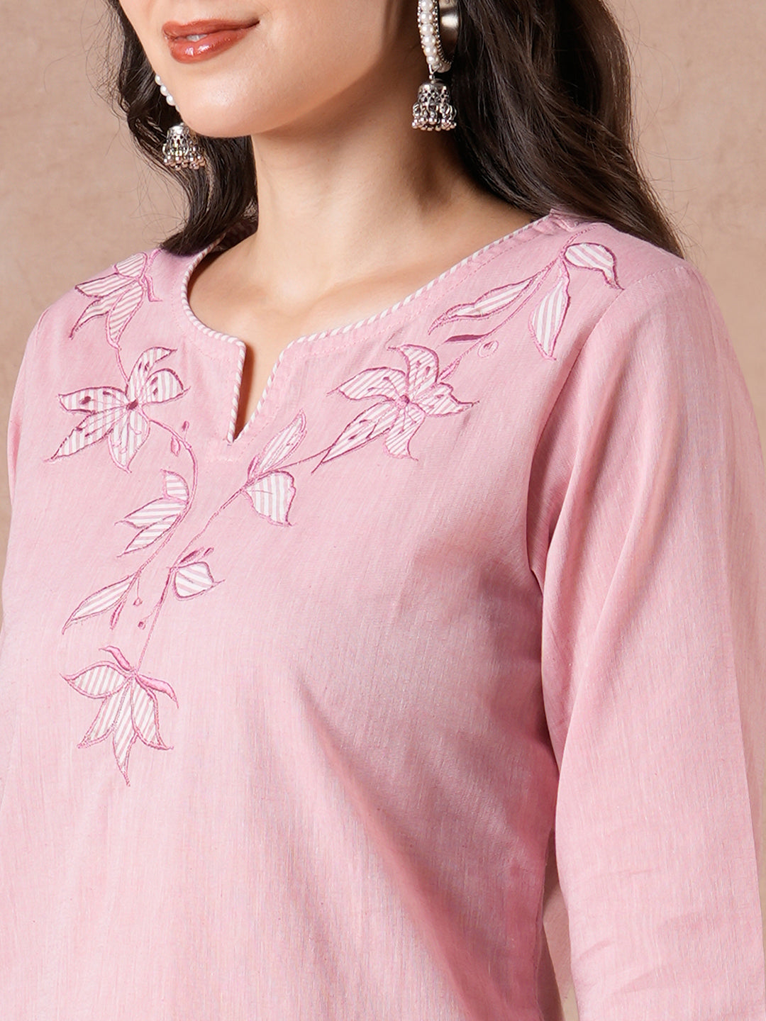 Straight Fit Chambray Cotton Suit Set with Patchwork, Striped Bottom & Kota Dupatta.