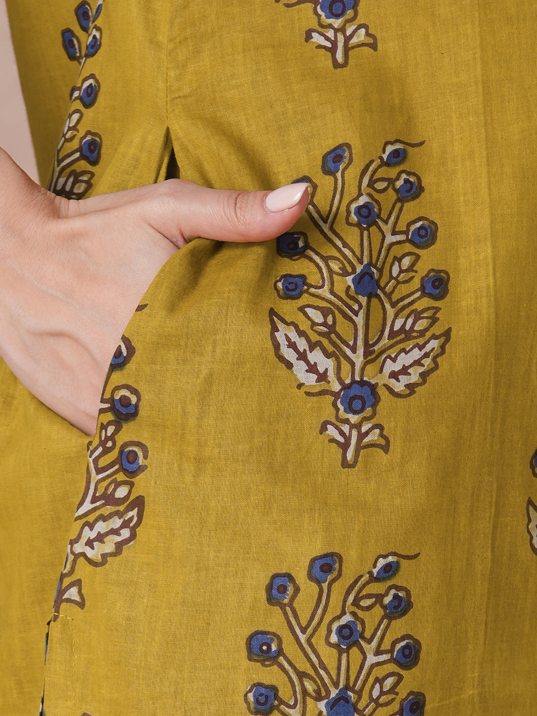 Mustard floral Printed Kurta Set with Kota Doria Dupatta.