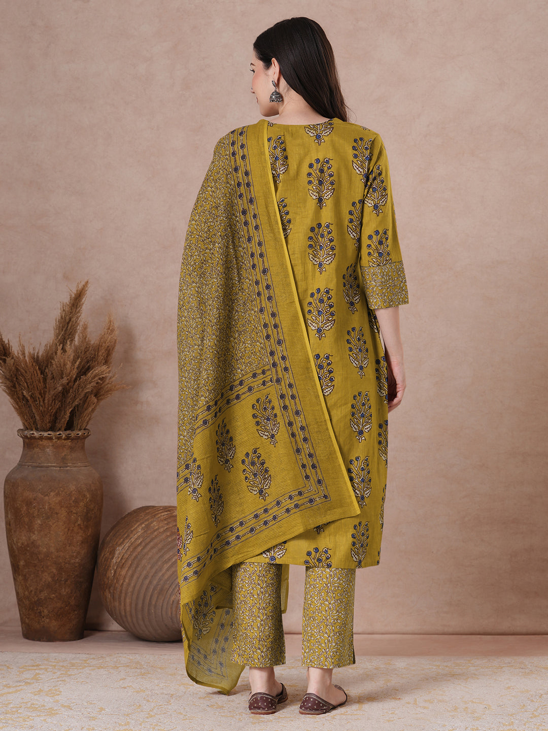 Mustard floral Printed Kurta Set with Kota Doria Dupatta.