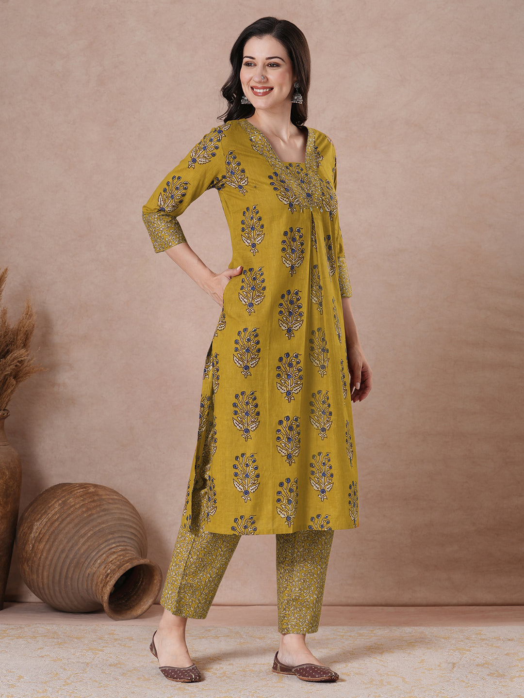 Mustard floral Printed Kurta Set with Kota Doria Dupatta.