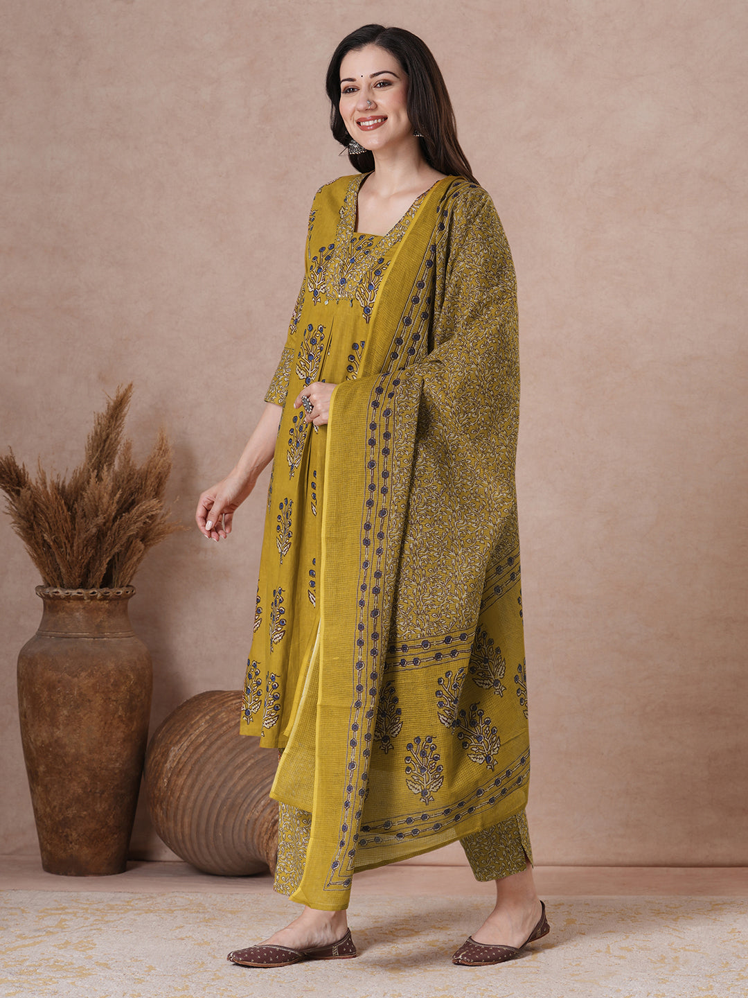 Mustard floral Printed Kurta Set with Kota Doria Dupatta.