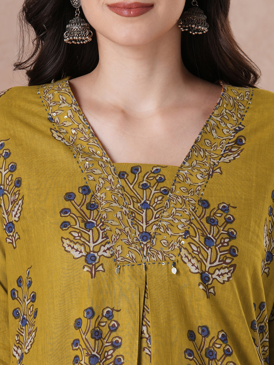 Mustard floral Printed Kurta Set with Kota Doria Dupatta.