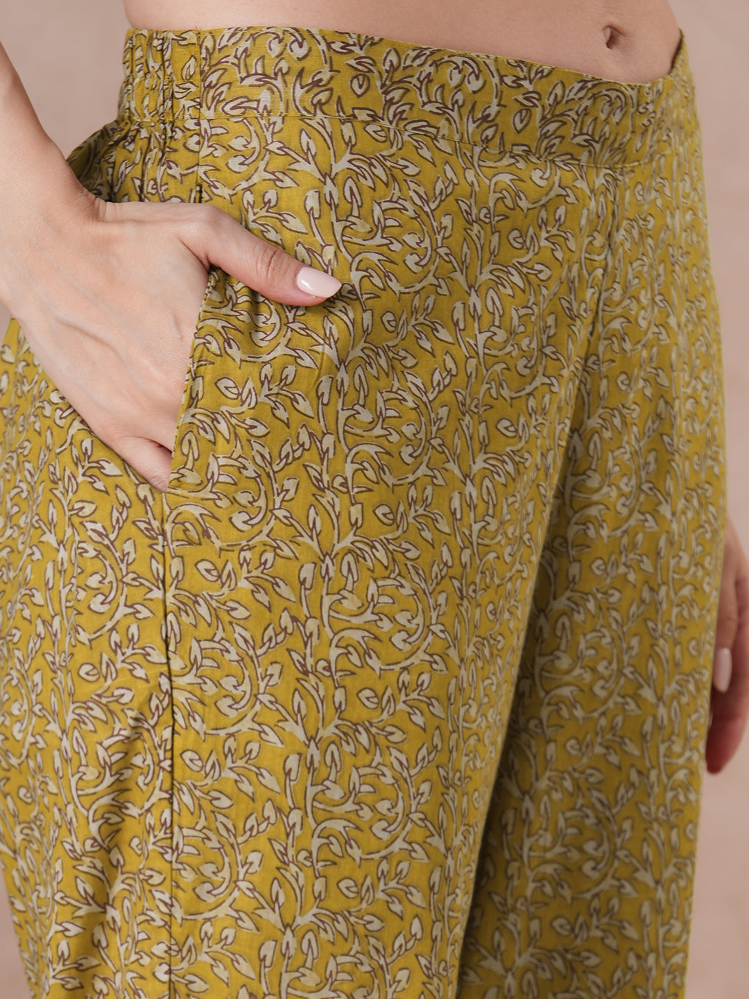 Mustard floral Printed Kurta Set with Kota Doria Dupatta.