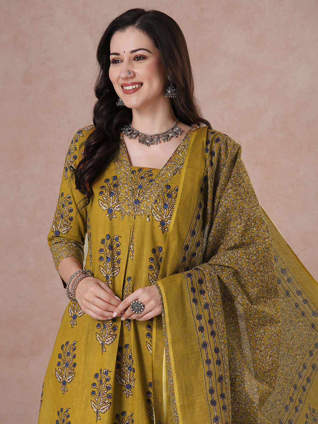 Mustard floral Printed Kurta Set with Kota Doria Dupatta.