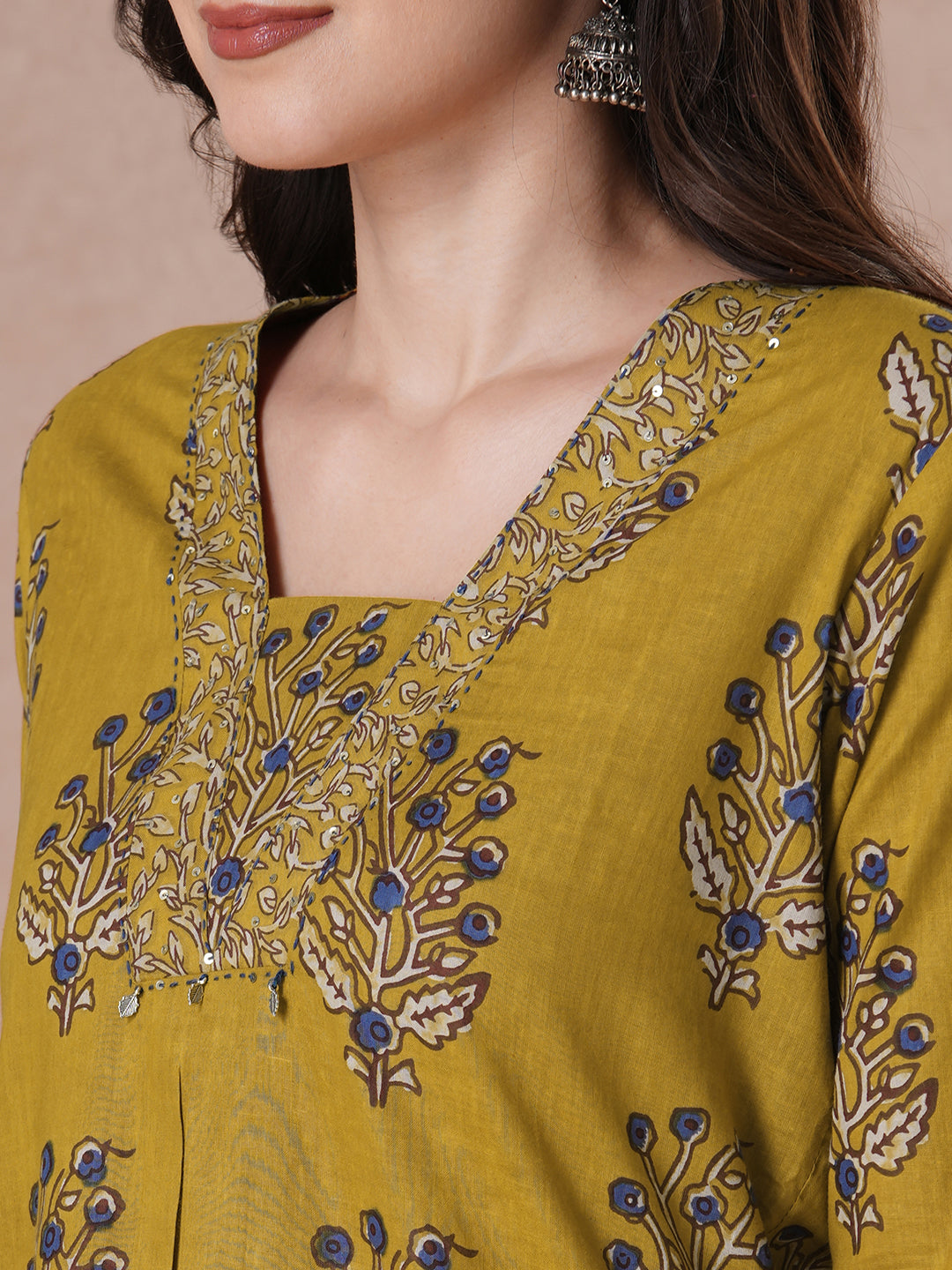 Mustard floral Printed Kurta Set with Kota Doria Dupatta.