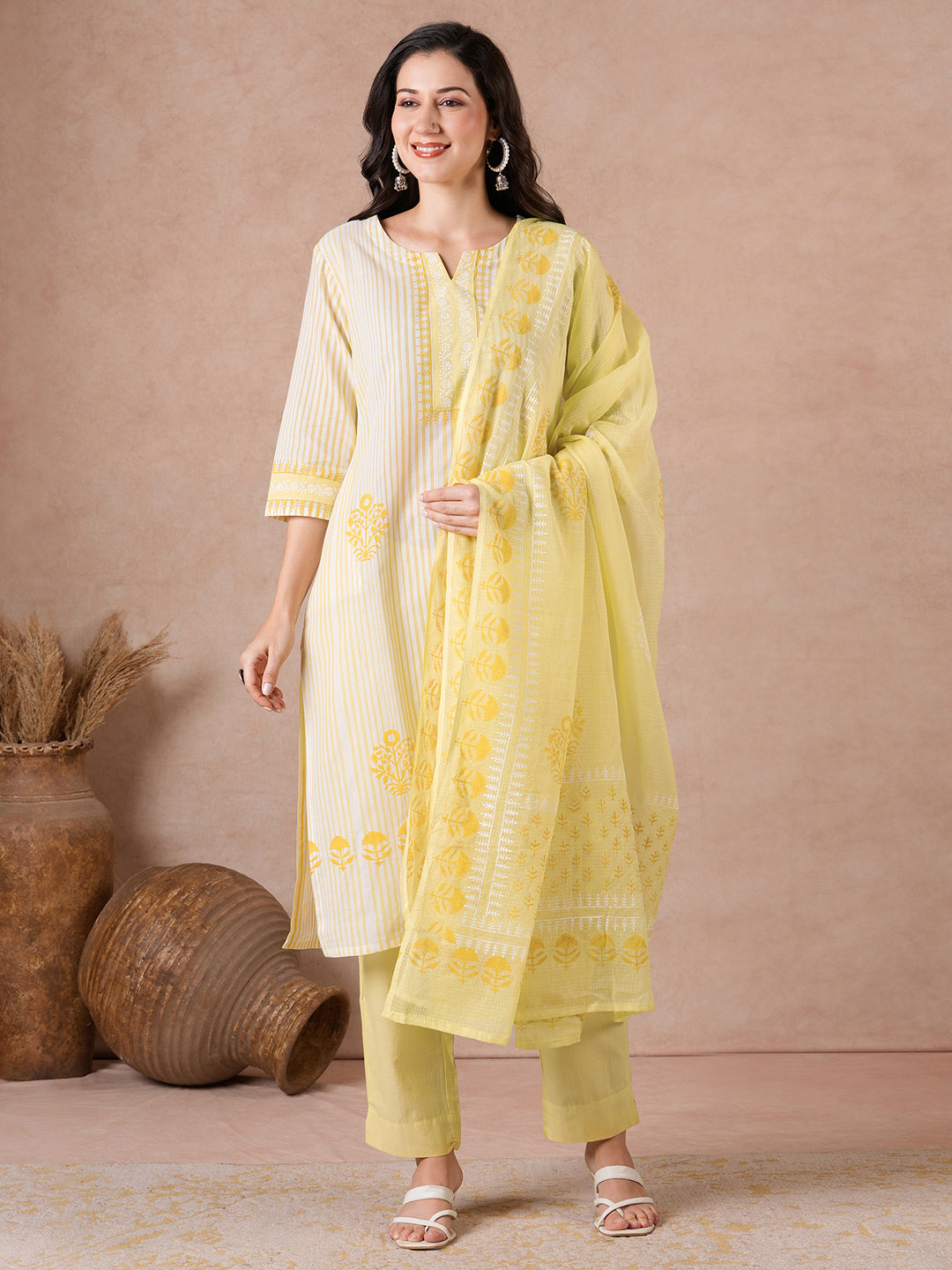Straight Fit Cotton Kurta Suit Set with Block Print, Mustard Bottom & Kota Dupatta.