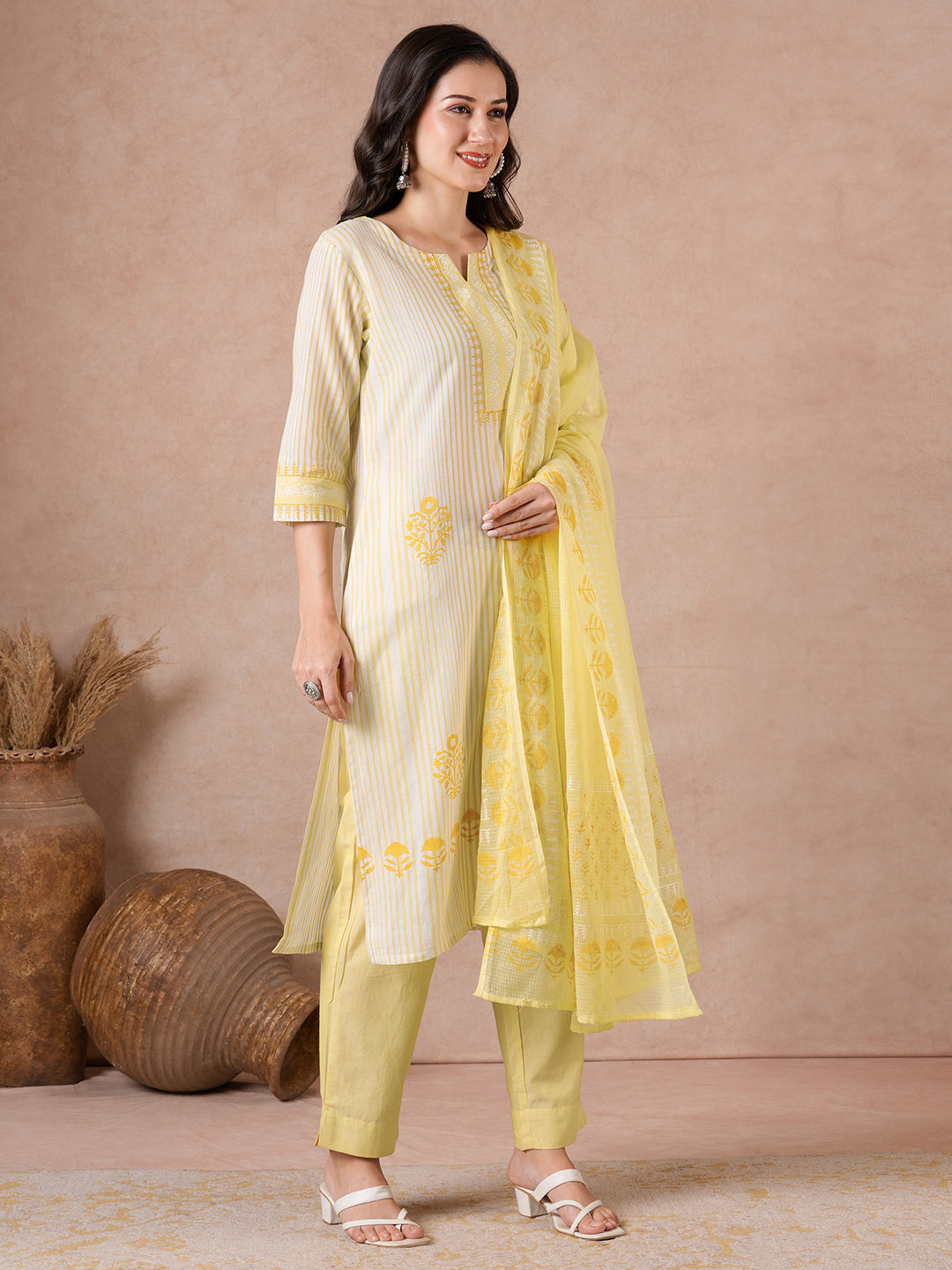 Straight Fit Cotton Kurta Suit Set with Block Print, Mustard Bottom & Kota Dupatta.