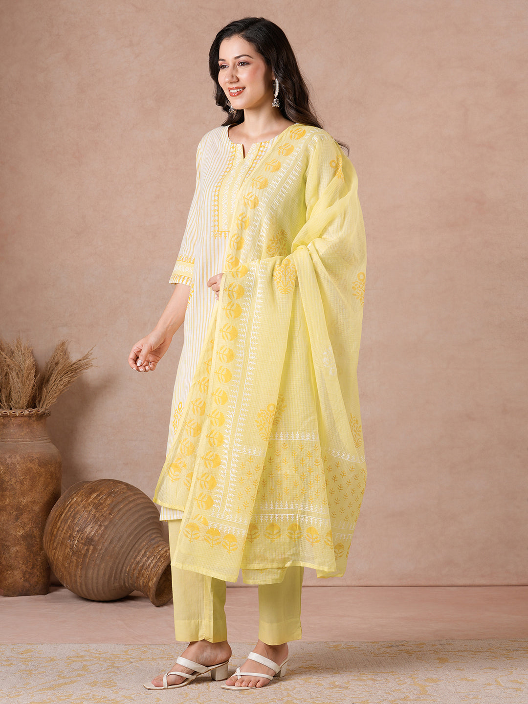 Straight Fit Cotton Kurta Suit Set with Block Print, Mustard Bottom & Kota Dupatta.