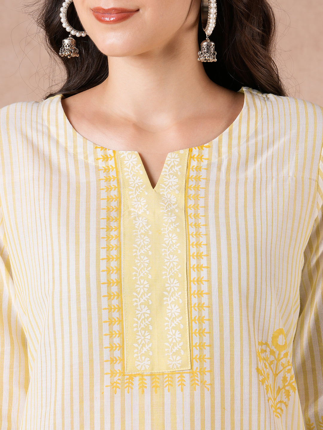 Straight Fit Cotton Kurta Suit Set with Block Print, Mustard Bottom & Kota Dupatta.