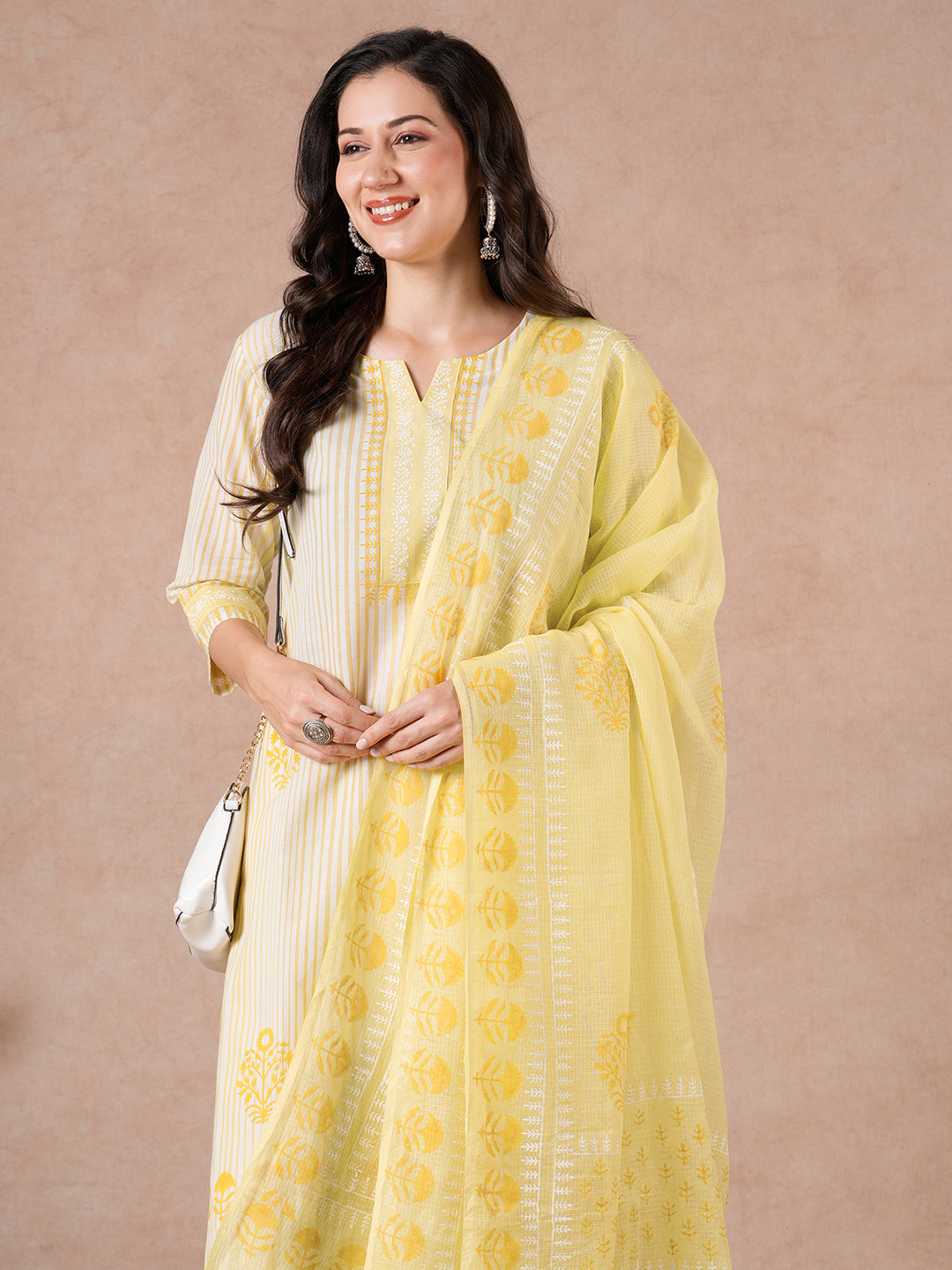 Straight Fit Cotton Kurta Suit Set with Block Print, Mustard Bottom & Kota Dupatta.