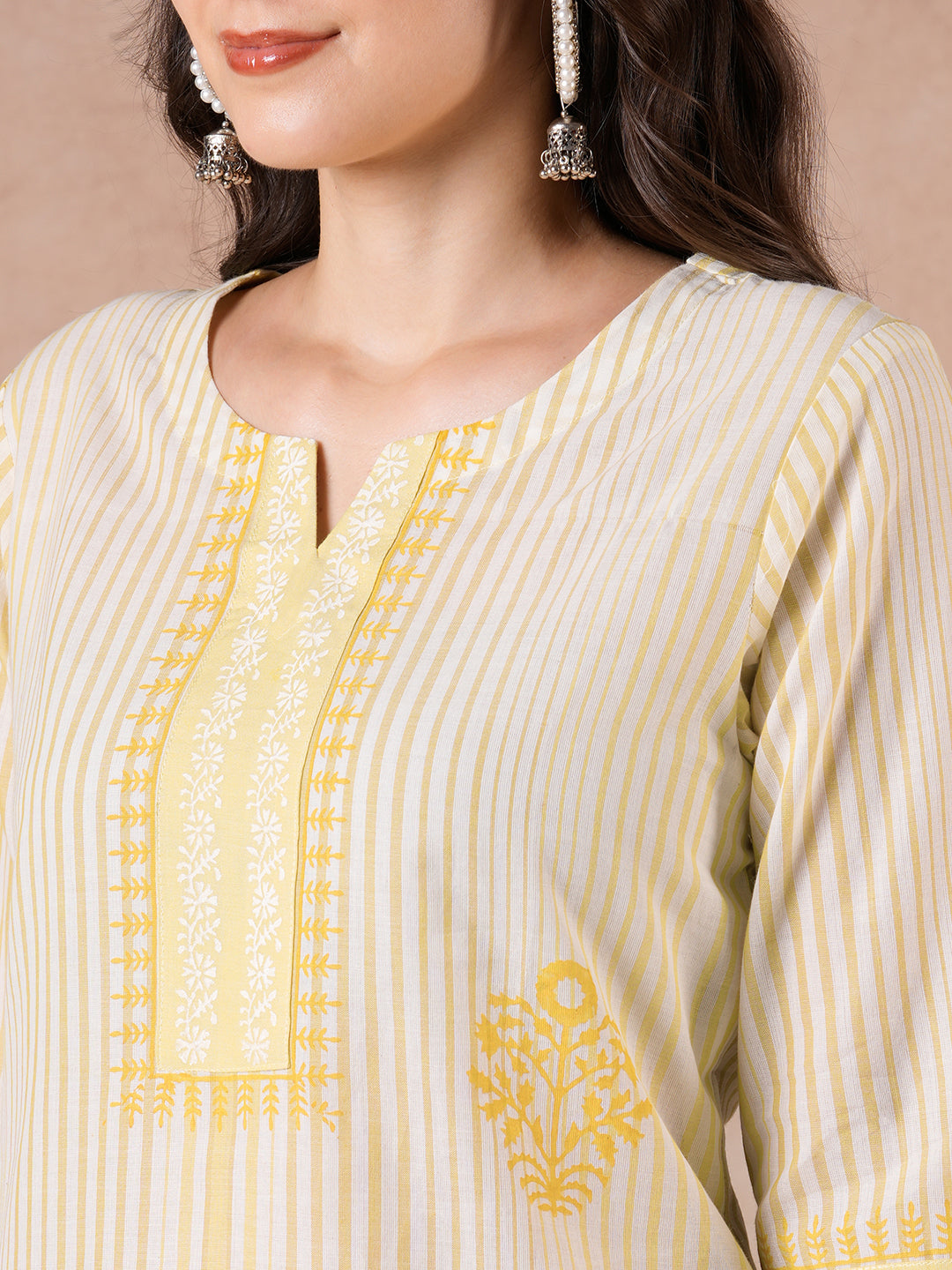 Straight Fit Cotton Kurta Suit Set with Block Print, Mustard Bottom & Kota Dupatta.