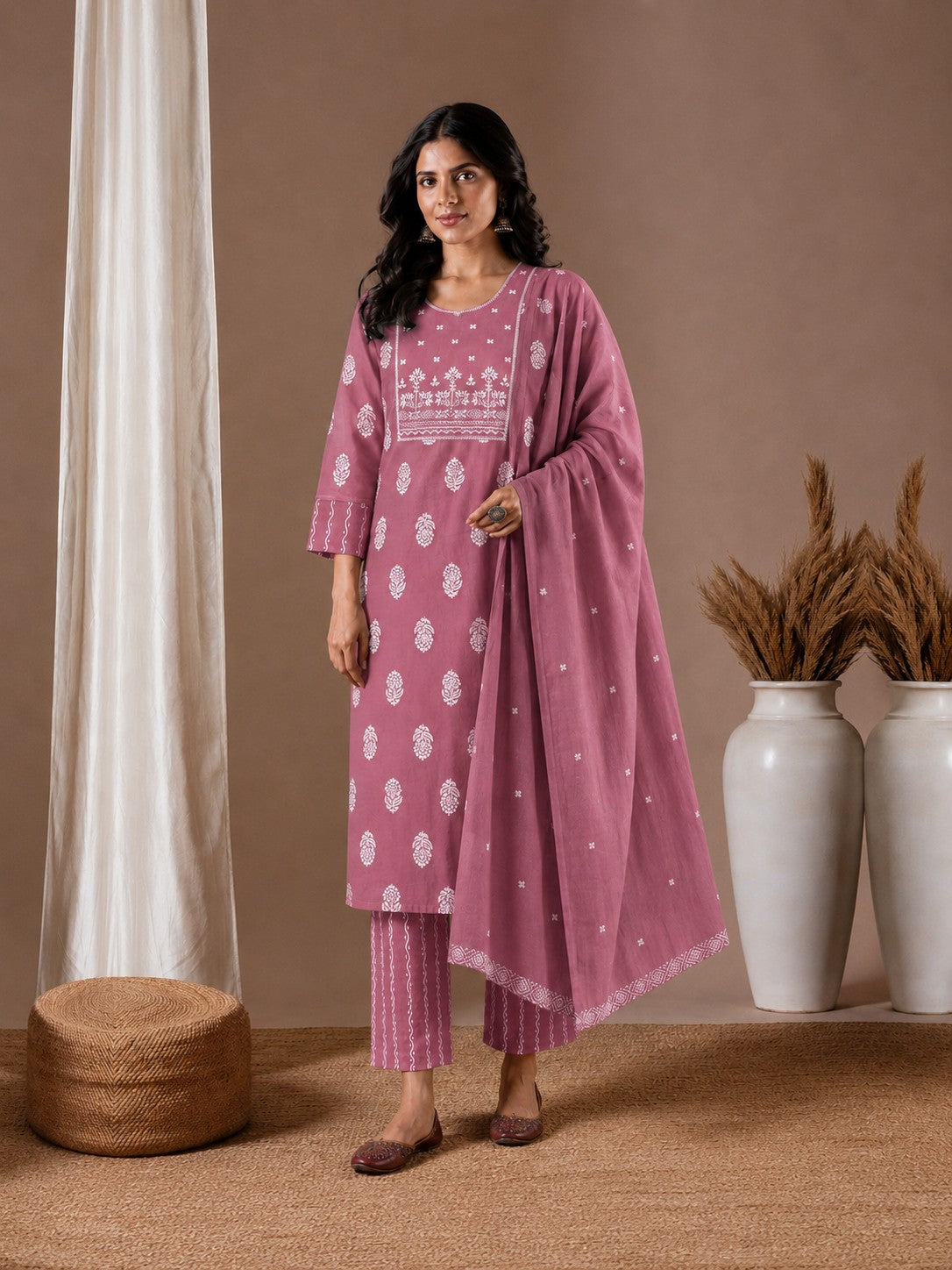 Elegant Cotton printed Straight Fit Kurta Set with Embroidered Yoke & Dupatta.(Pink)