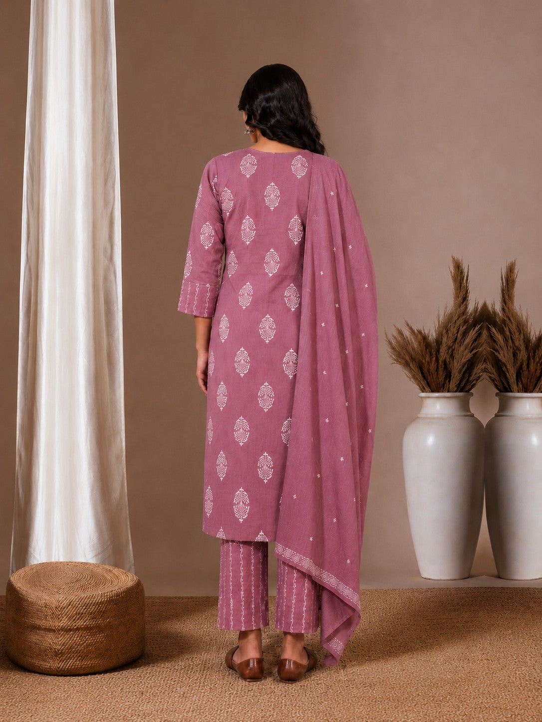 Elegant Cotton printed Straight Fit Kurta Set with Embroidered Yoke & Dupatta.(Pink)