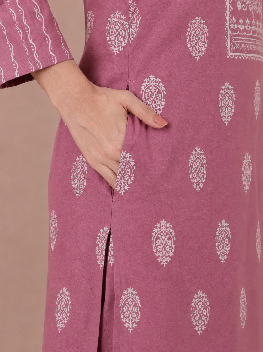 Elegant Cotton printed Straight Fit Kurta Set with Embroidered Yoke & Dupatta.(Pink)