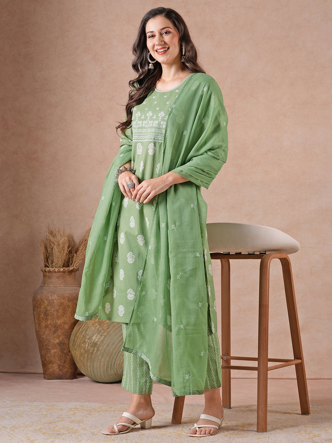 Elegant Cotton printed Straight Fit Kurta Set with Embroidered Yoke & Dupatta.(Green)