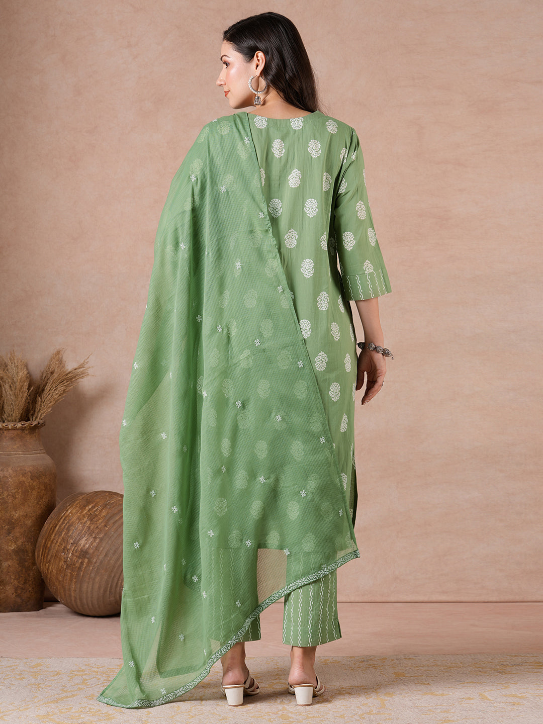 Elegant Cotton printed Straight Fit Kurta Set with Embroidered Yoke & Dupatta.(Green)