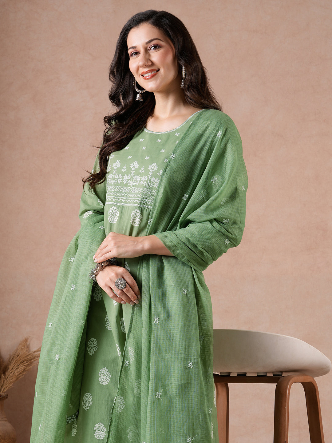 Elegant Cotton printed Straight Fit Kurta Set with Embroidered Yoke & Dupatta.(Green)