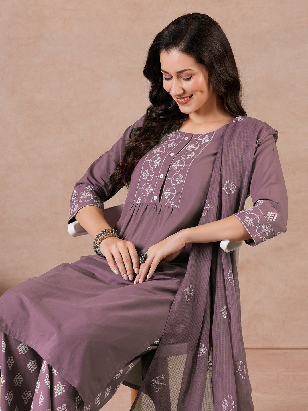 Straight Fit Suit Set with Zonal Embroidery, Printed Bottom & Printed Dupatta.