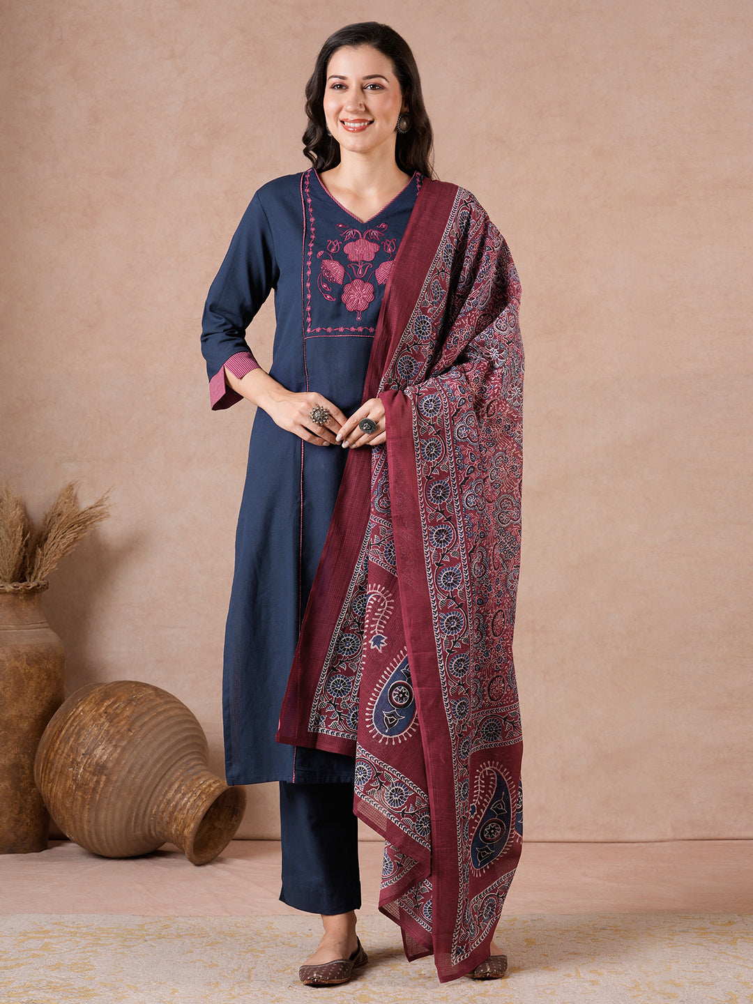 Straight Fit Flex Suit Set with Embroidery Detailing, Printed Palazzo & Dupatta.