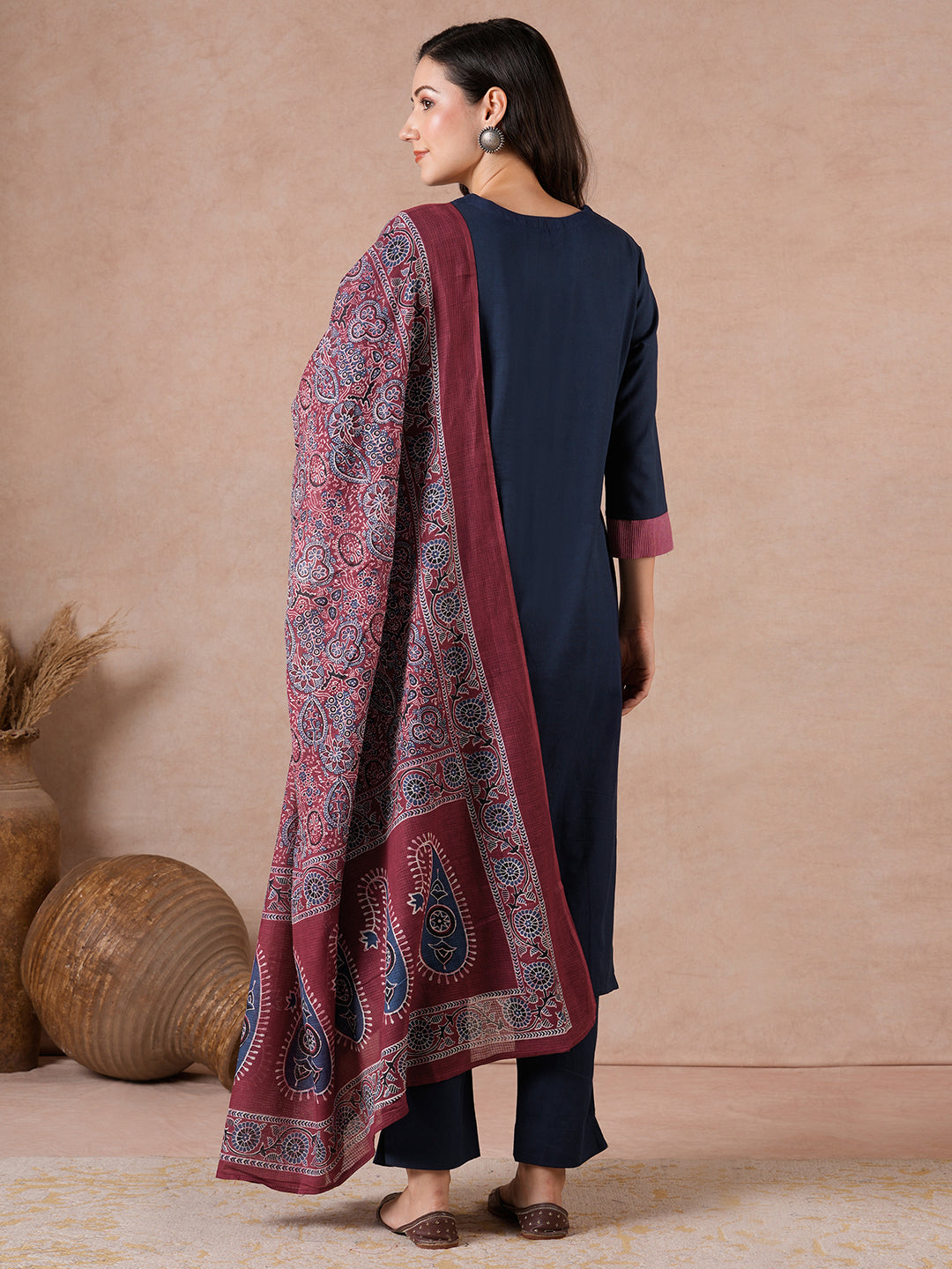 Straight Fit Flex Suit Set with Embroidery Detailing, Printed Palazzo & Dupatta.