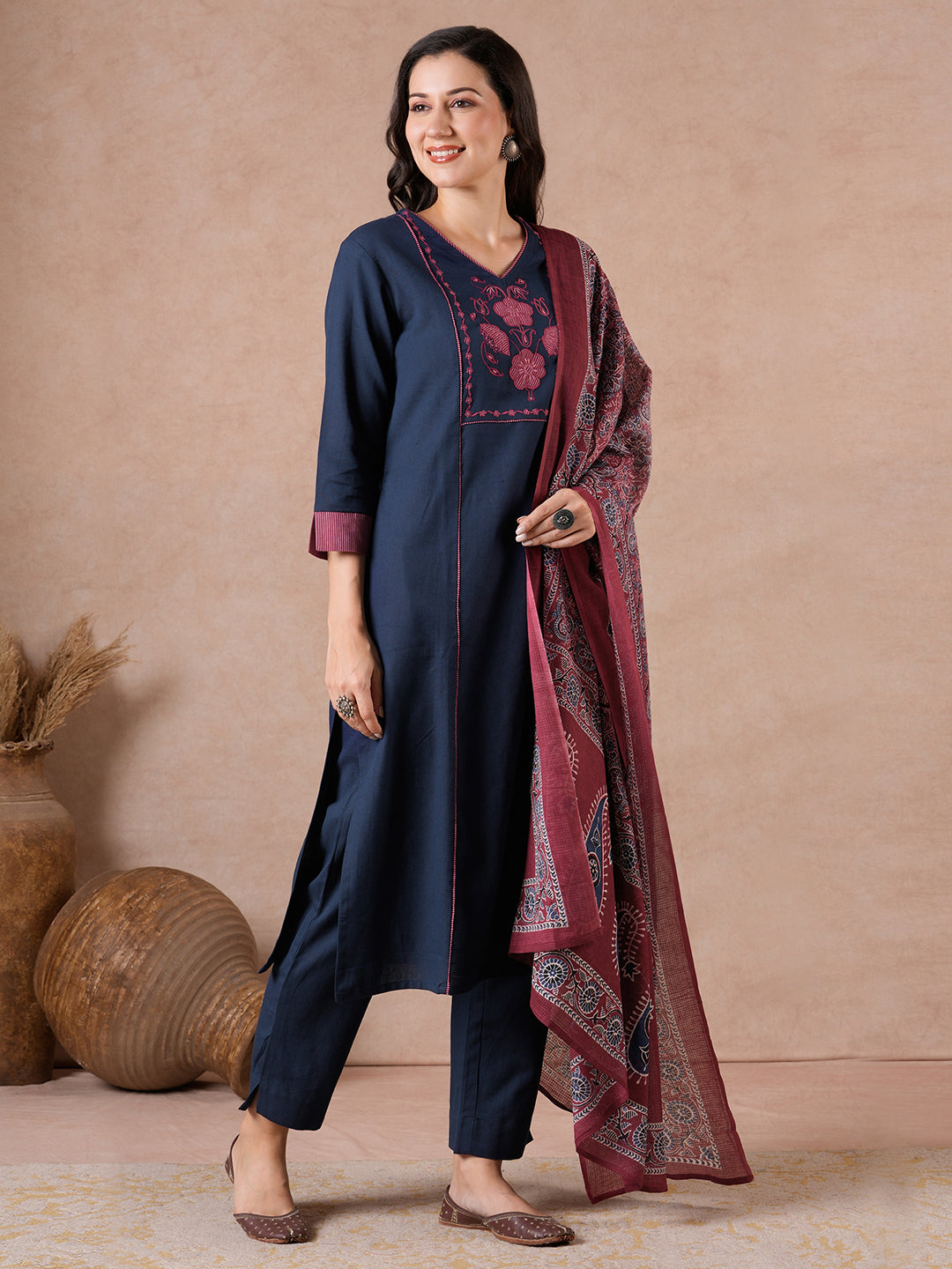 Straight Fit Flex Suit Set with Embroidery Detailing, Printed Palazzo & Dupatta.