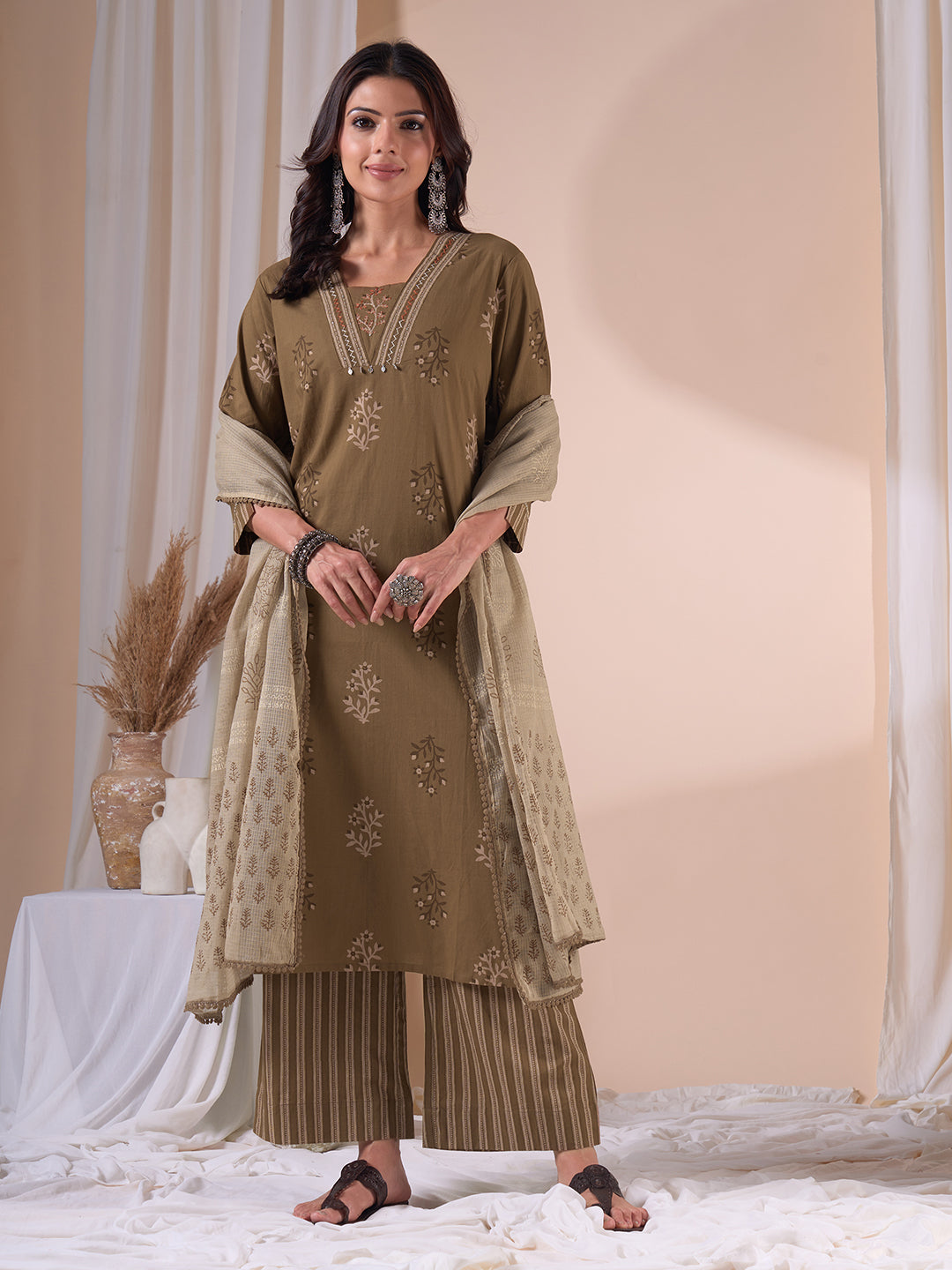 Straight fit cotton Printed Kurta Suit Set with Hand Threadwork, Striped Palazzo & Kota Dupatta.