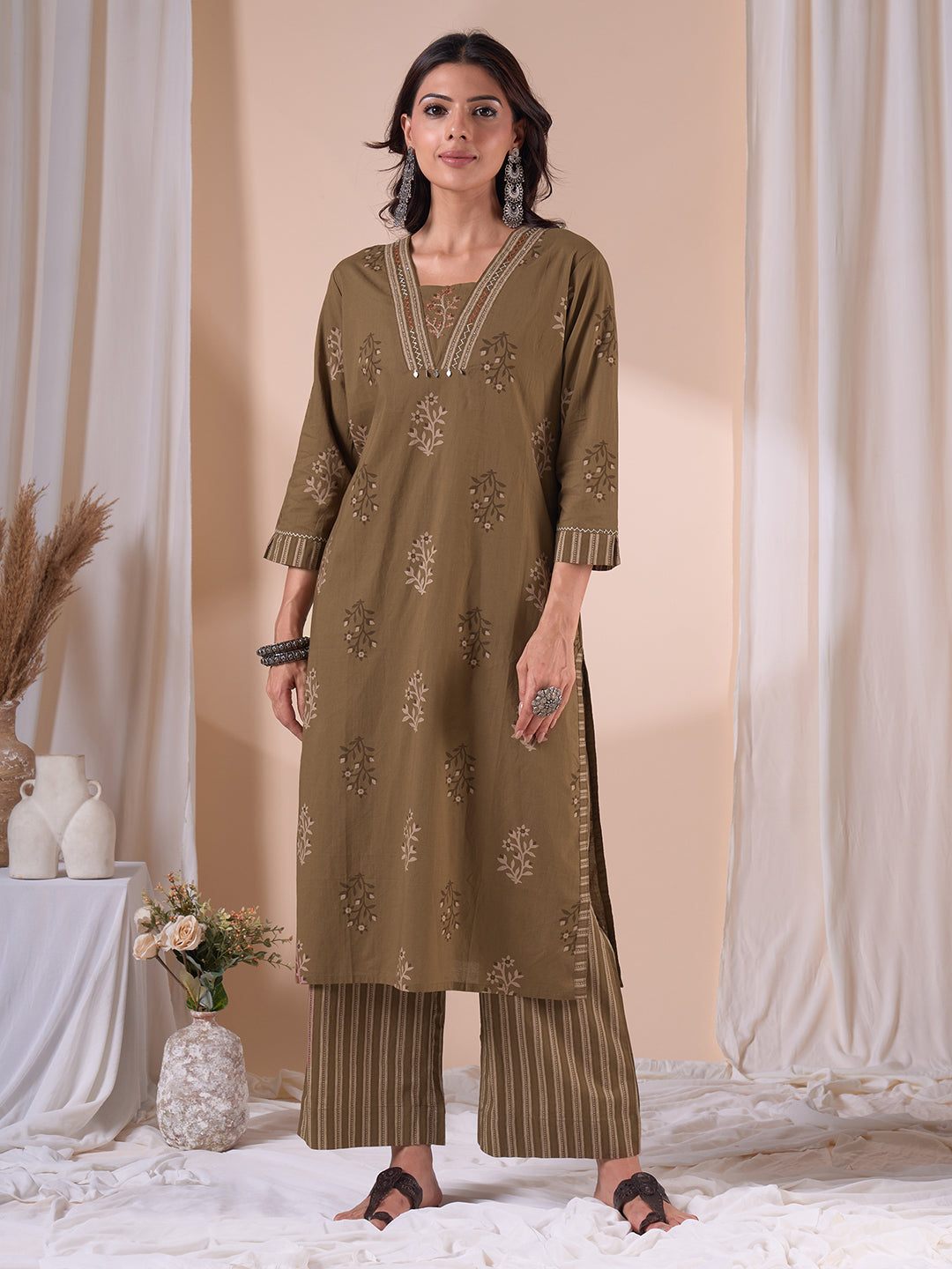 Straight fit cotton Printed Kurta Suit Set with Hand Threadwork, Striped Palazzo & Kota Dupatta.