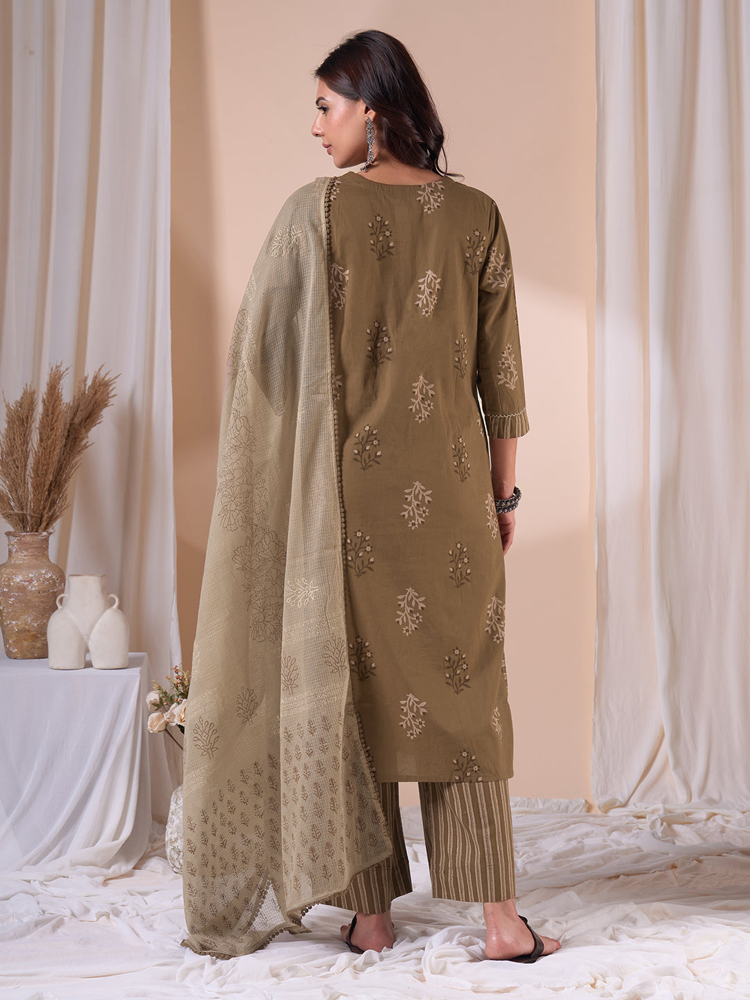 Straight fit cotton Printed Kurta Suit Set with Hand Threadwork, Striped Palazzo & Kota Dupatta.