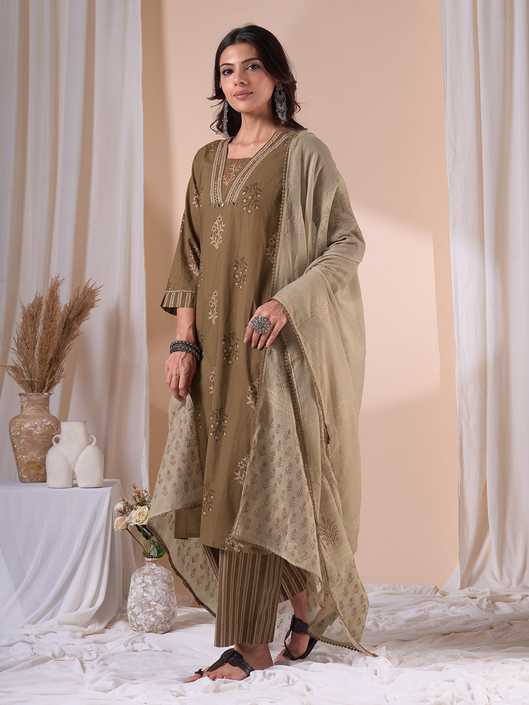 Straight fit cotton Printed Kurta Suit Set with Hand Threadwork, Striped Palazzo & Kota Dupatta.