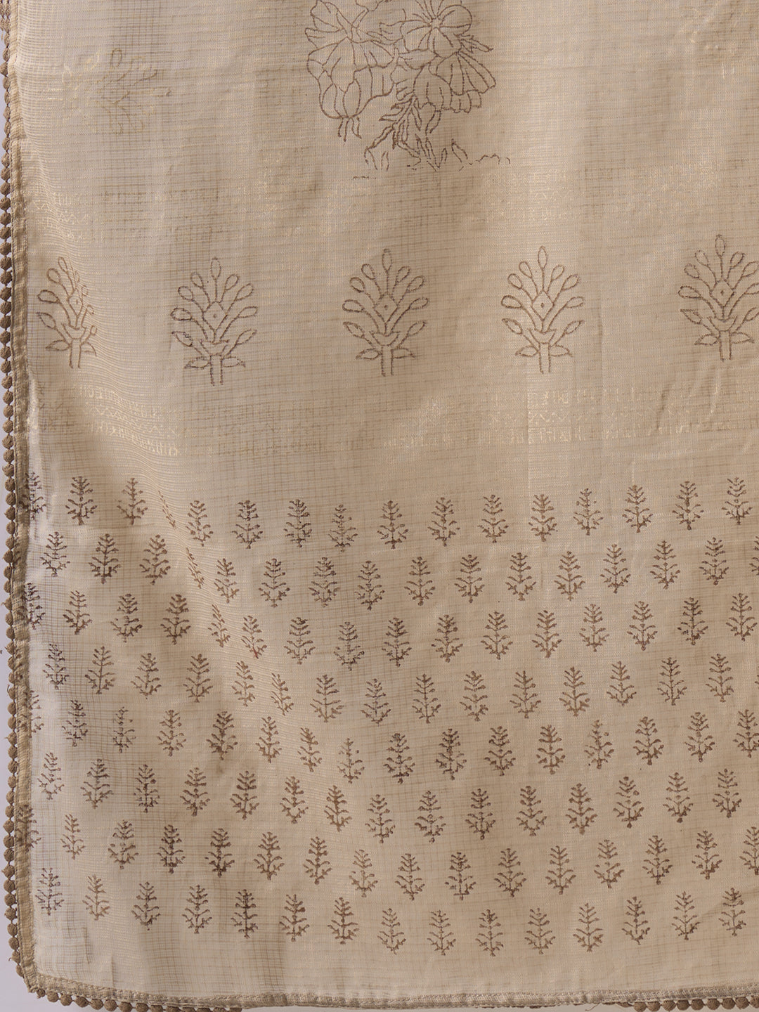 Straight fit cotton Printed Kurta Suit Set with Hand Threadwork, Striped Palazzo & Kota Dupatta.