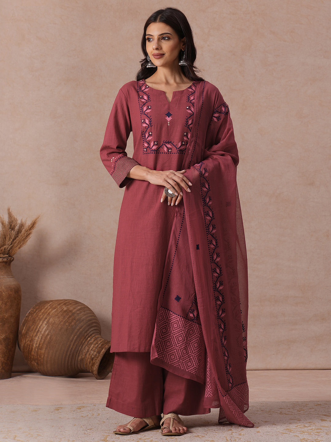 A-line 3-Piece Cotton Kurta Suit Set with Block Print, Mirror Work & Palazoo and Printed Dupatta.