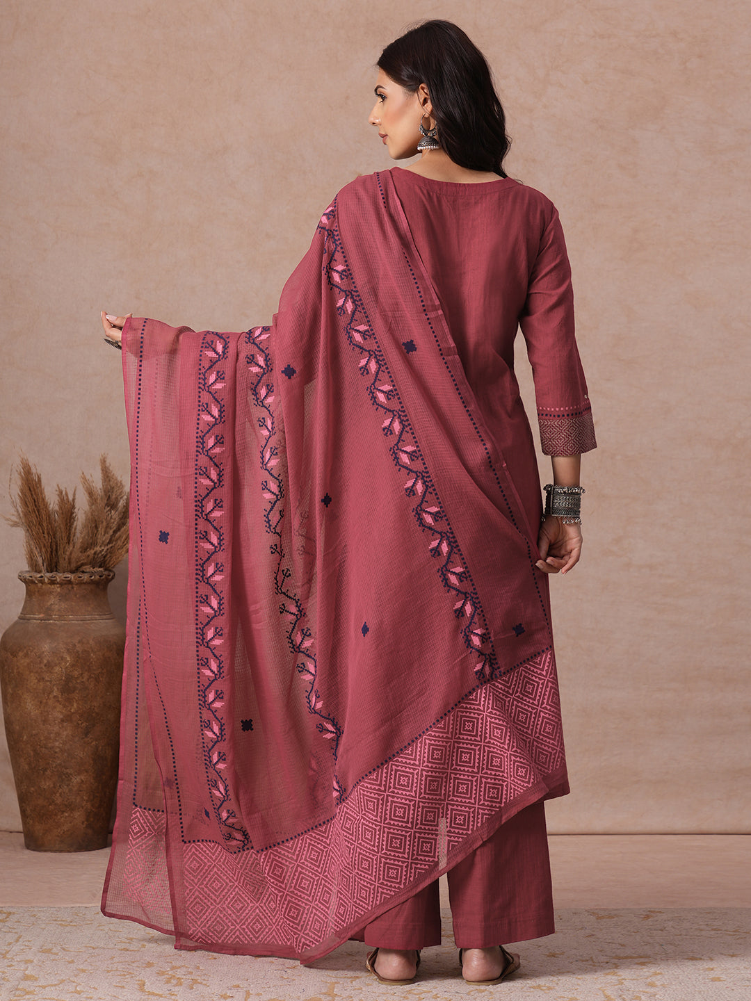 A-line 3-Piece Cotton Kurta Suit Set with Block Print, Mirror Work & Palazoo and Printed Dupatta.