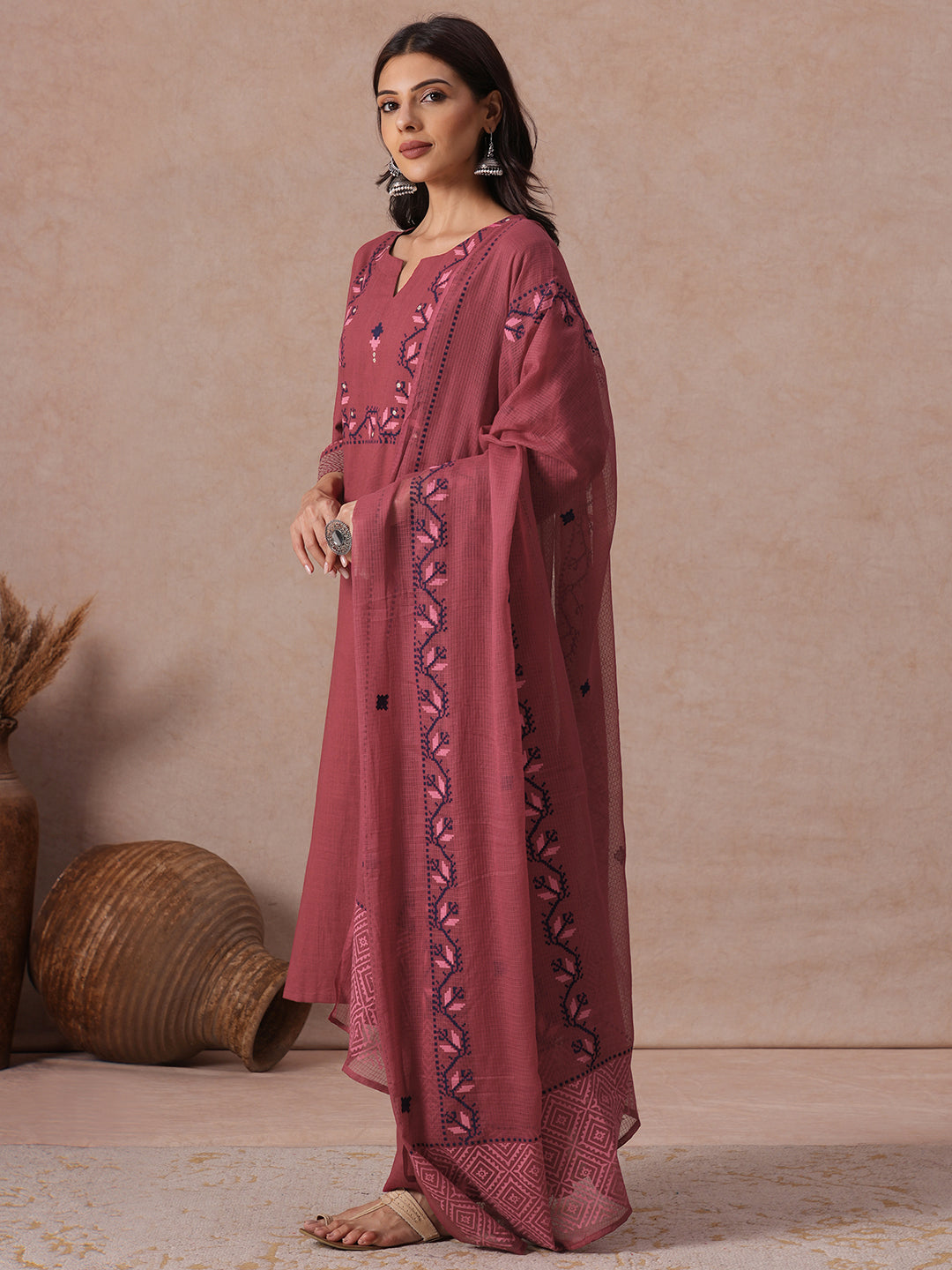 A-line 3-Piece Cotton Kurta Suit Set with Block Print, Mirror Work & Palazoo and Printed Dupatta.
