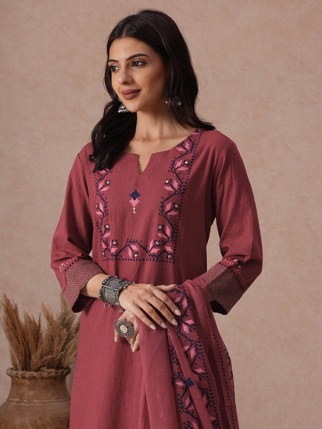 A-line 3-Piece Cotton Kurta Suit Set with Block Print, Mirror Work & Palazoo and Printed Dupatta.