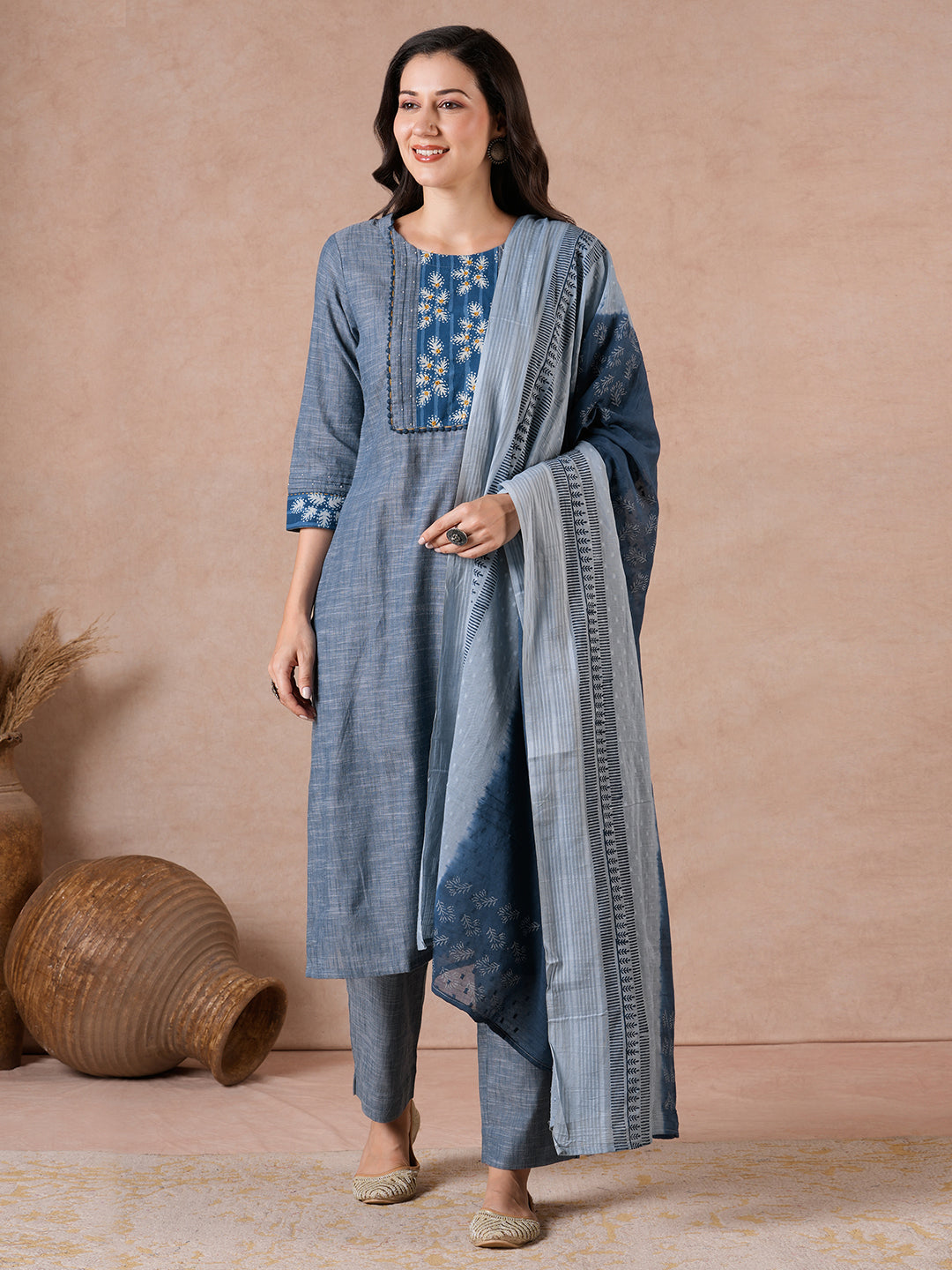 Straight Fit Textured Suit Set with Handwork, Self Bottom & Dobby Dupatta.