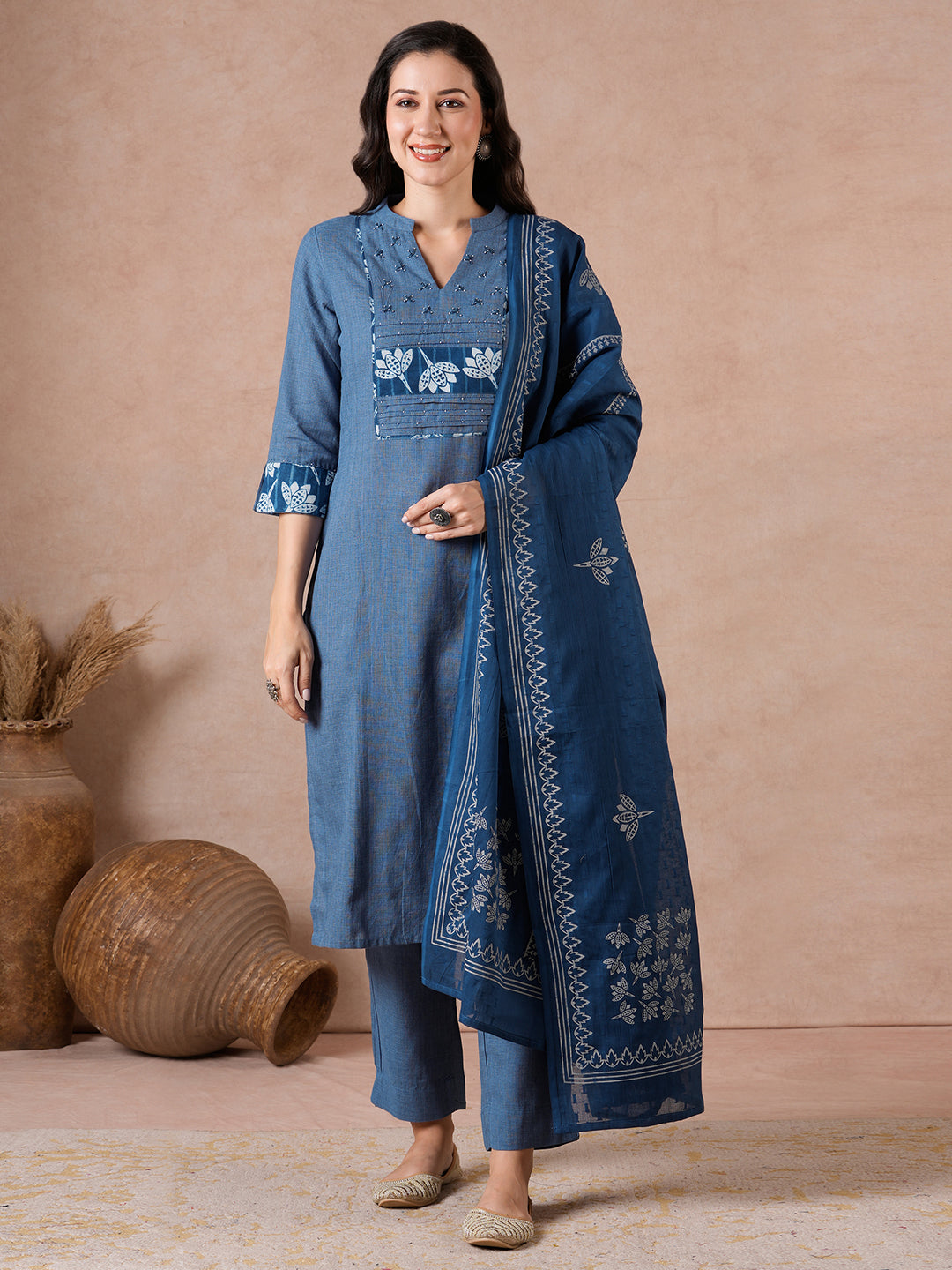 Straight Fit Textured Suit Set with Floral Indigo Trims, Bottom & Dobby Dupatta.