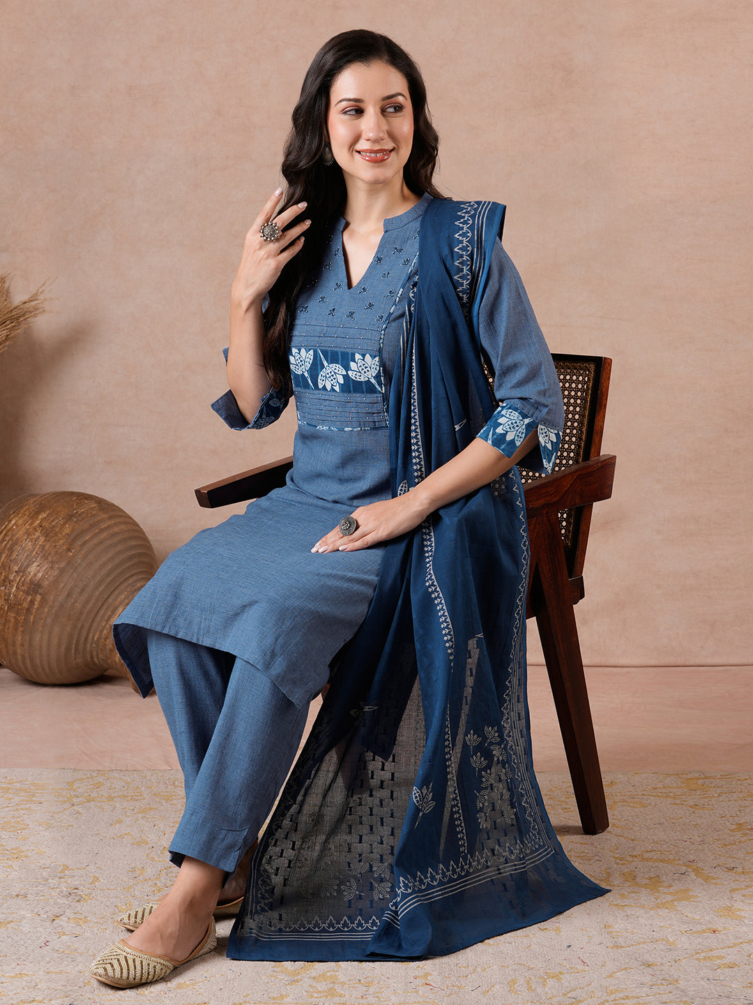 Straight Fit Textured Suit Set with Floral Indigo Trims, Bottom & Dobby Dupatta.