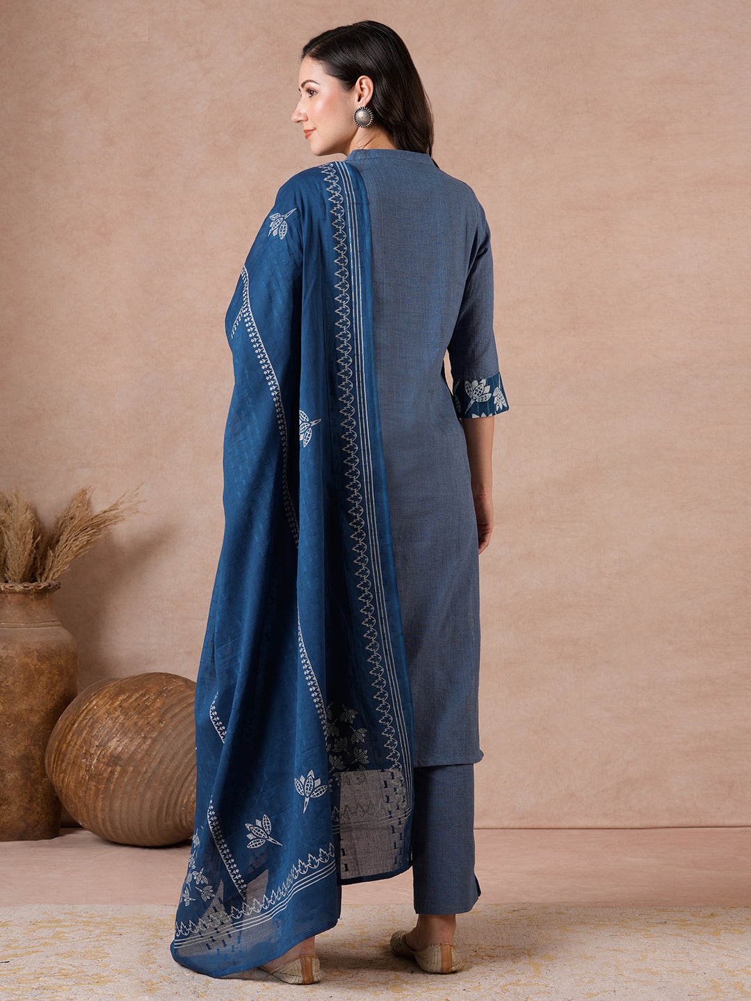 Straight Fit Textured Suit Set with Floral Indigo Trims, Bottom & Dobby Dupatta.