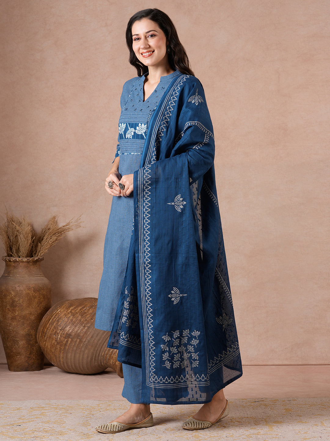 Straight Fit Textured Suit Set with Floral Indigo Trims, Bottom & Dobby Dupatta.