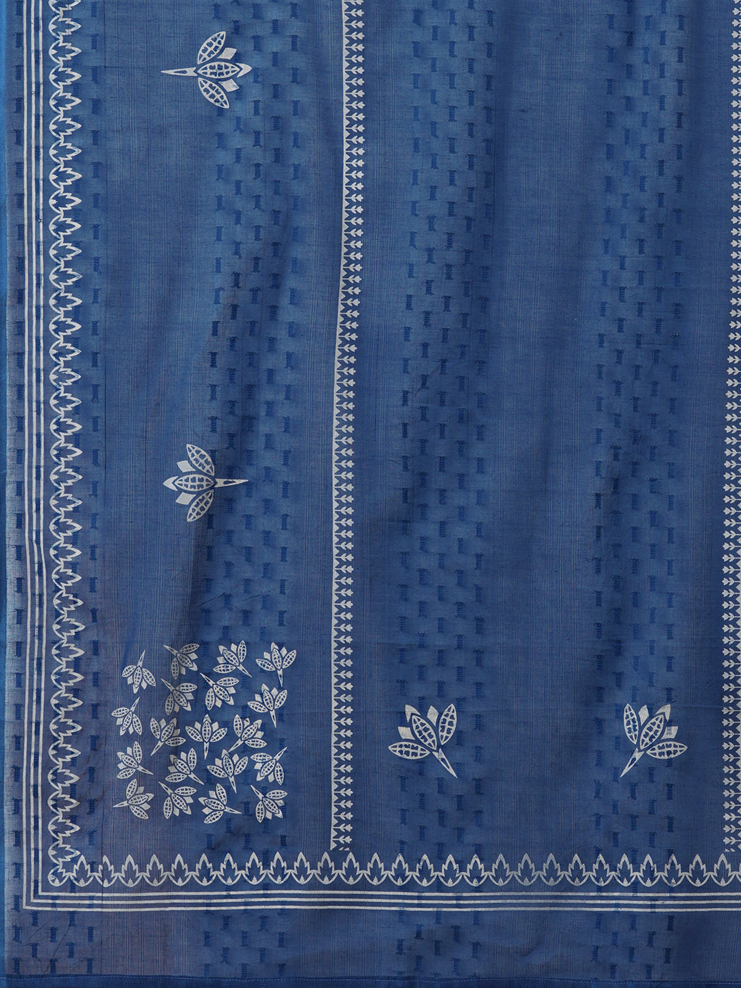 Straight Fit Textured Suit Set with Floral Indigo Trims, Bottom & Dobby Dupatta.