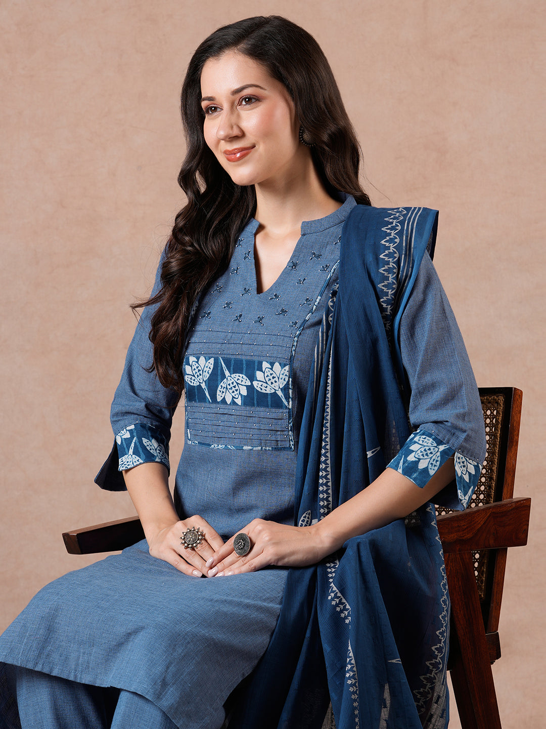 Straight Fit Textured Suit Set with Floral Indigo Trims, Bottom & Dobby Dupatta.