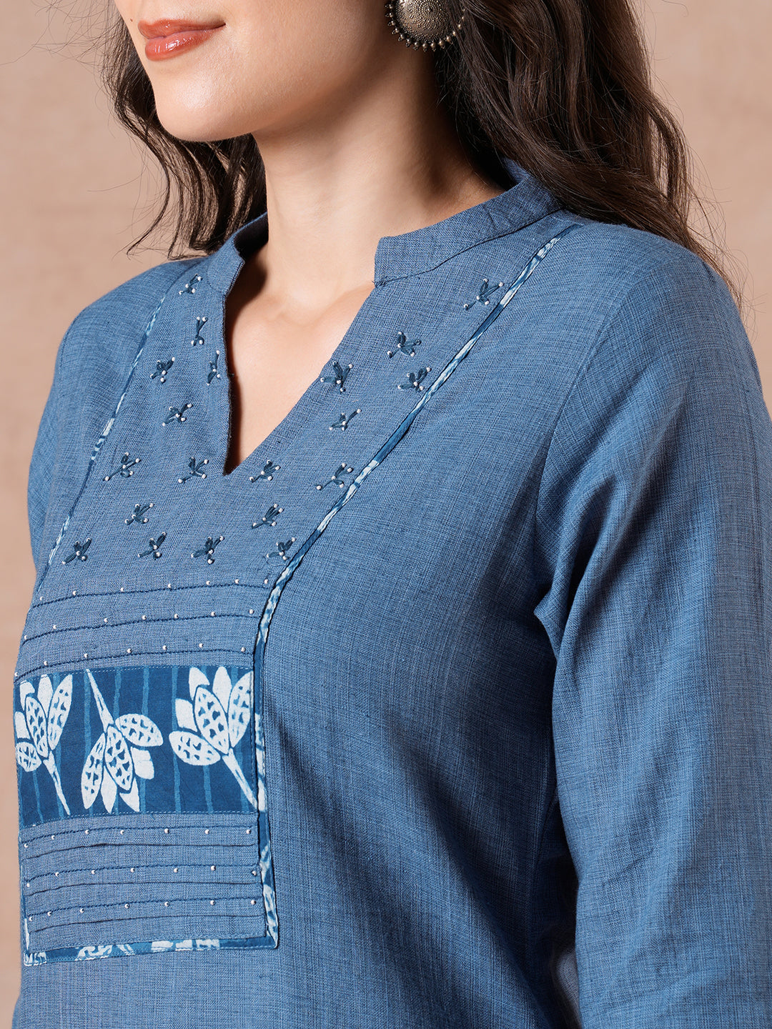 Straight Fit Textured Suit Set with Floral Indigo Trims, Bottom & Dobby Dupatta.